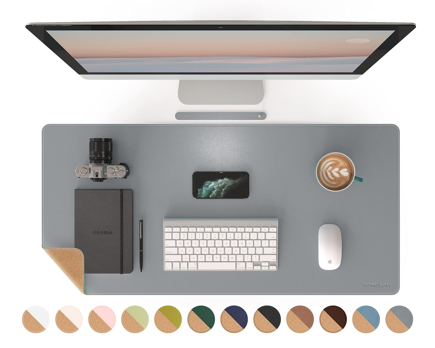 RENMTURE Dual-Sided Mouse Pad, Natural Cork & PU Leather Large Desk Pad for Office and Home Work