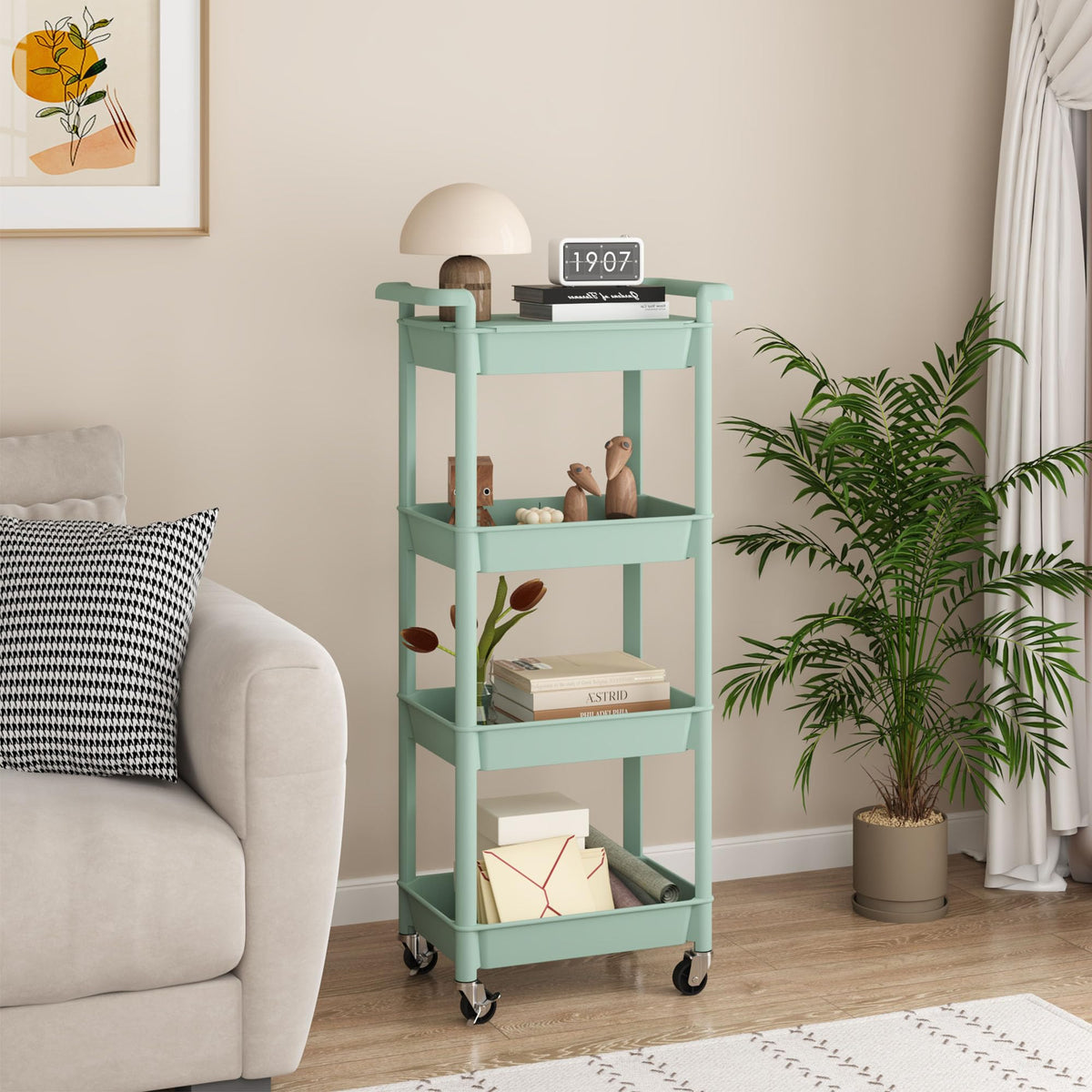 MIOCASA Utility Rolling Cart with Detachable Tray Top, 4-Tier Kitchen Storage Organization, Art