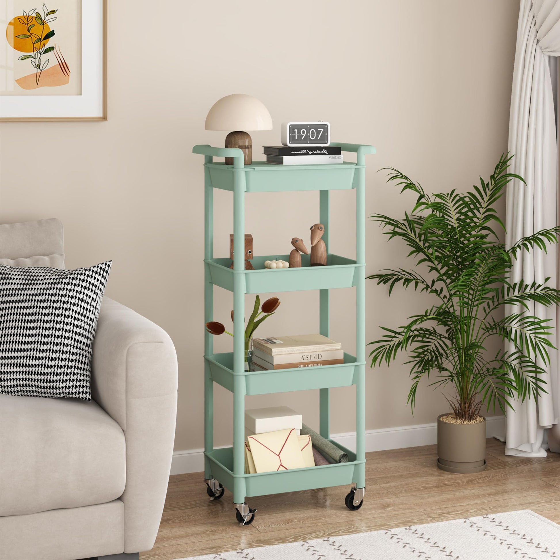 MIOCASA Utility Rolling Cart with Detachable Tray Top, 4-Tier Kitchen Storage Organization, Art