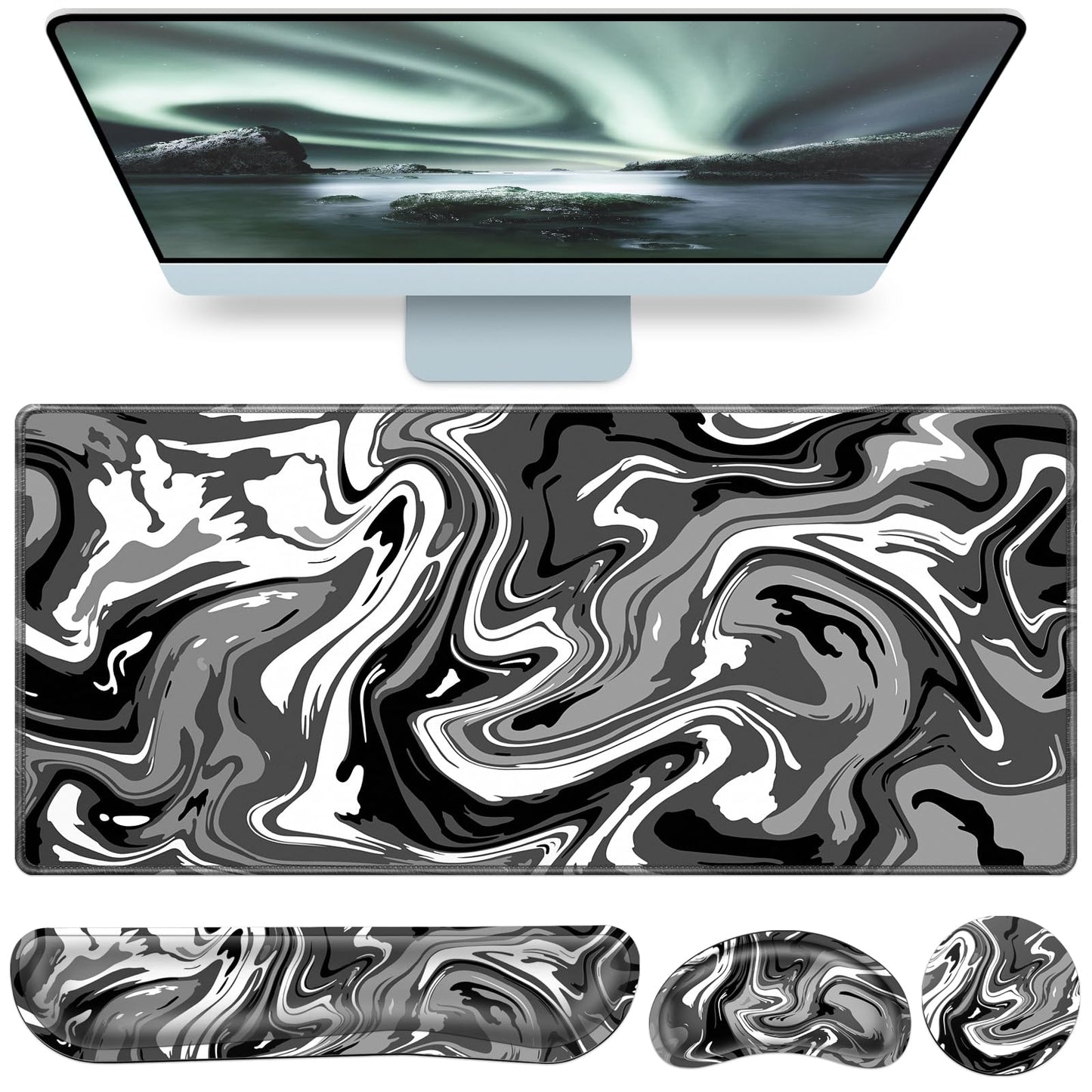 4 in1 Desk Mat Black, Large Gaming Mouse Pad with Wrist Rest,
