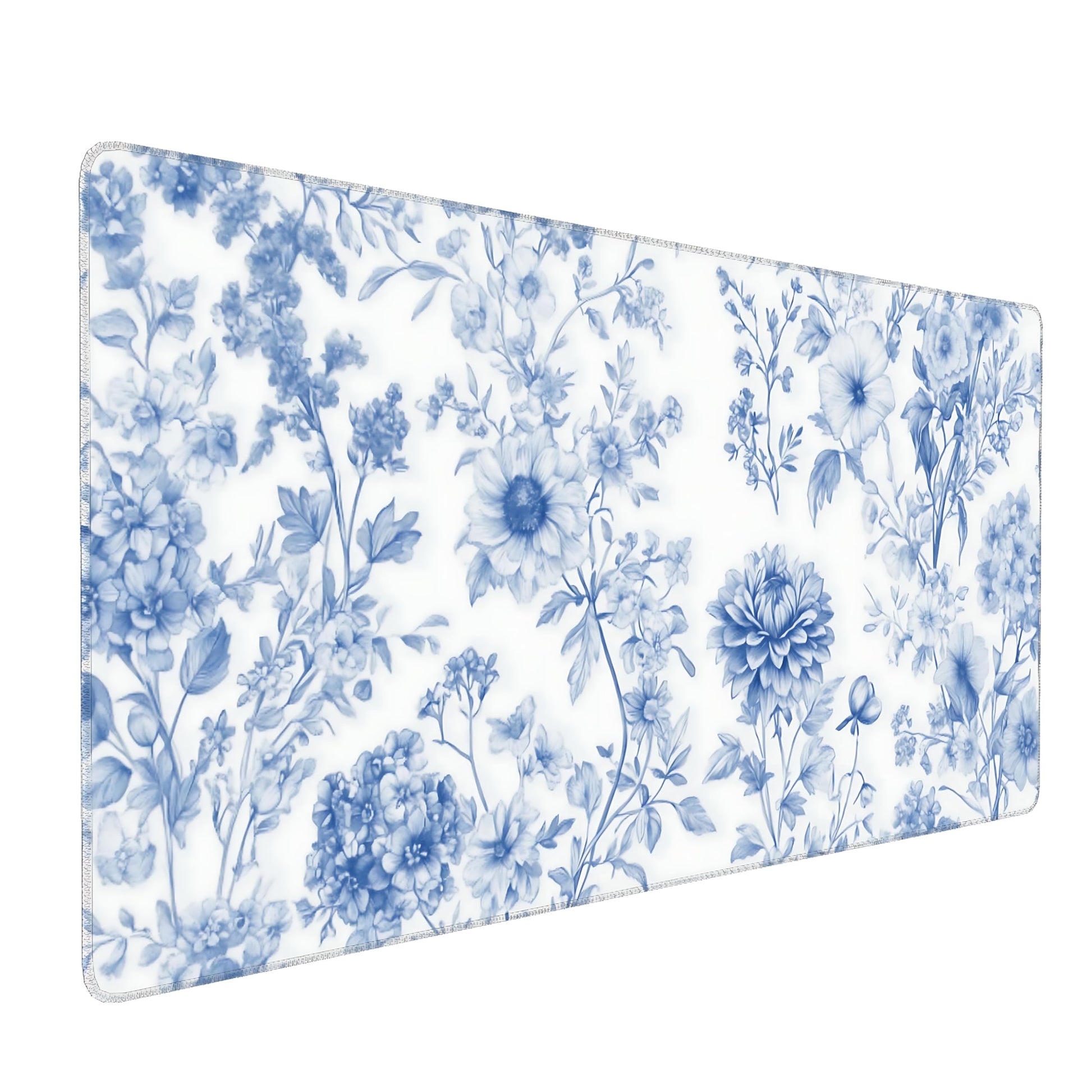 Floral Aesthetic Dahlia Gaming Mouse Pad, White Blue Chinoiserie Desk Mat with Anti-Slip Base &