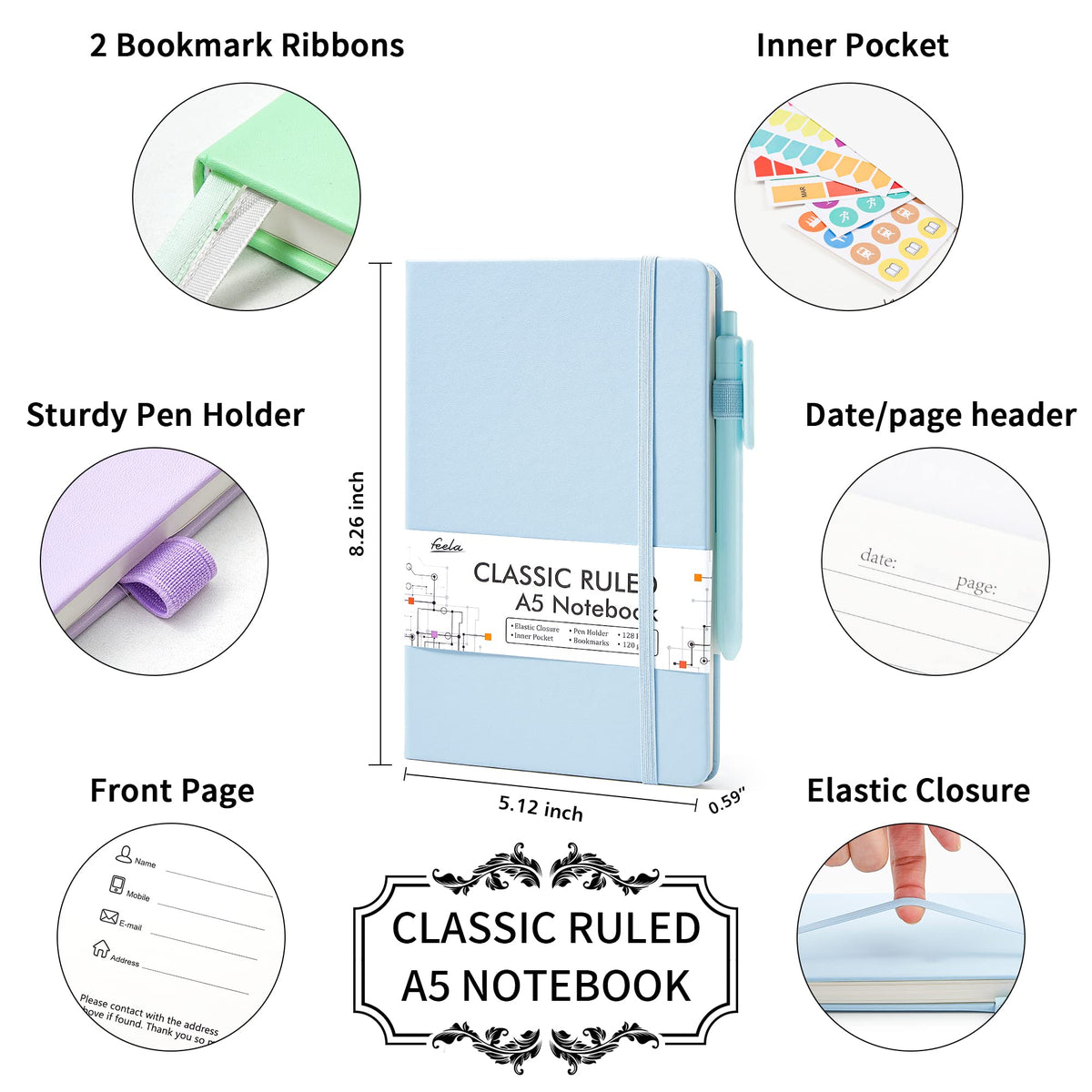 feela 5 Pack Notebooks Journals Bulk, Hardcover Classic Ruled Lined Journals with Pen Holder for