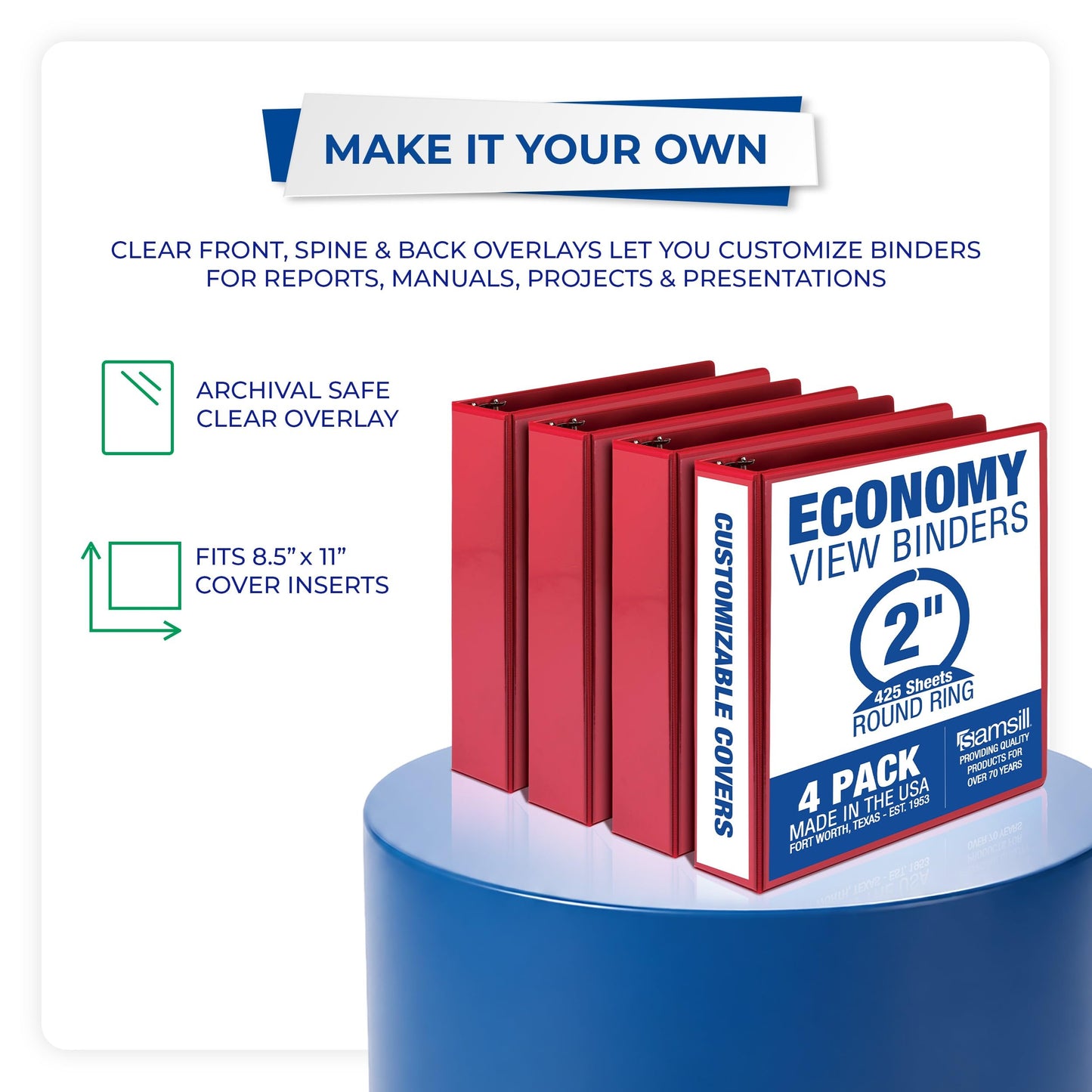 Samsill 2 Inch 3 Ring Binders, Economy Round Ring, Clear View Cover, 425 Sheet Capacity - for