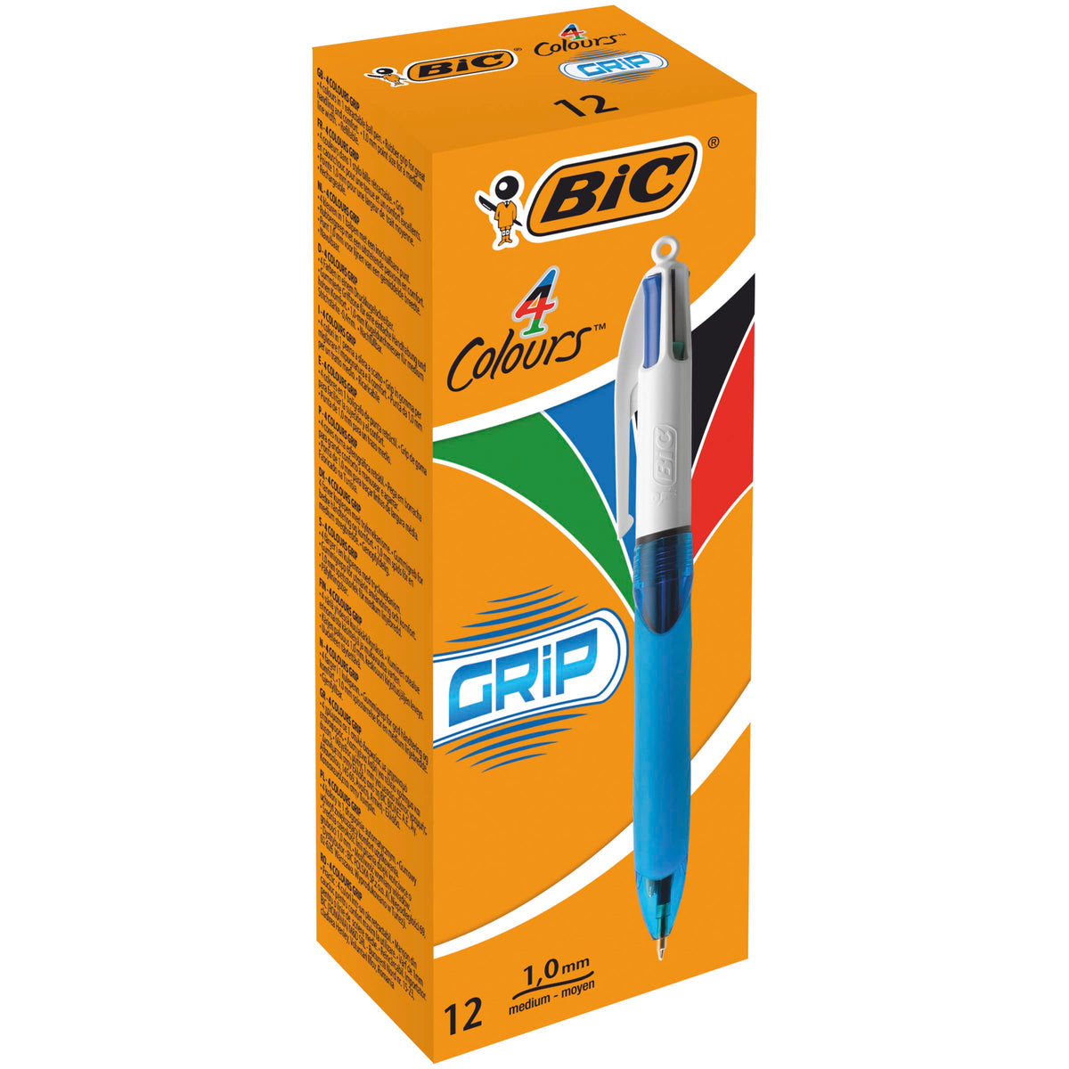BIC 4 Colours Grip Retractable Ballpoint Pens - Box of 12- Medium Point (1.0 mm) - Extra-Comfort