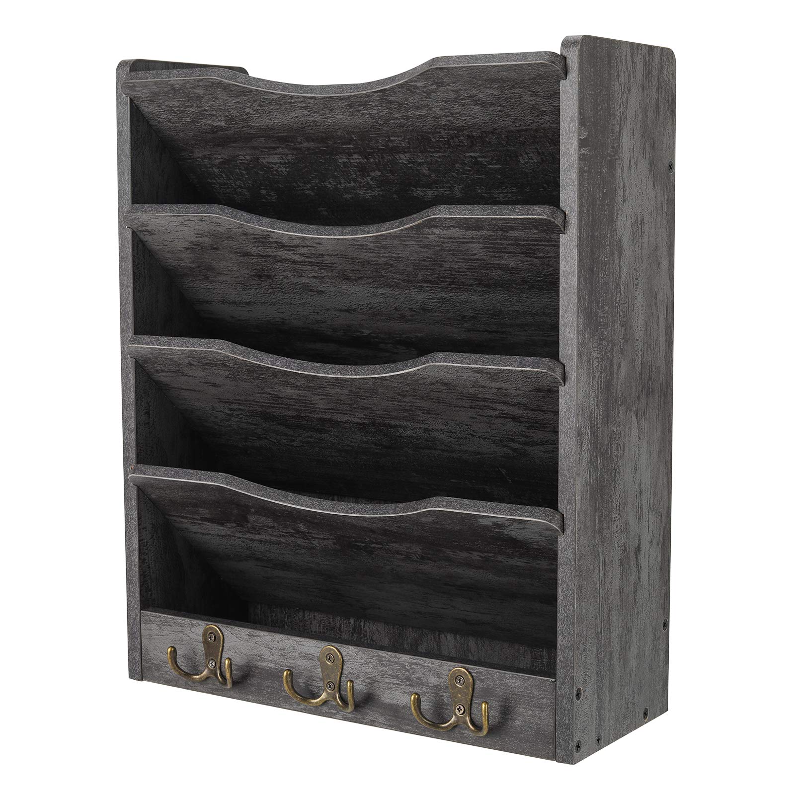 PAG-Mass 5-Tier Wall File Holder Hanging Mail Organizer Wood Magazine Literature Rack with 6 Hooks