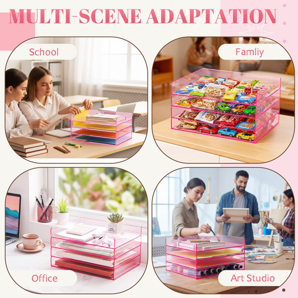 Harloon 4 Tier Clear Hot Pink Acrylic Paper Organizer Letter Tray, Aesthetic Stackable Low Profile