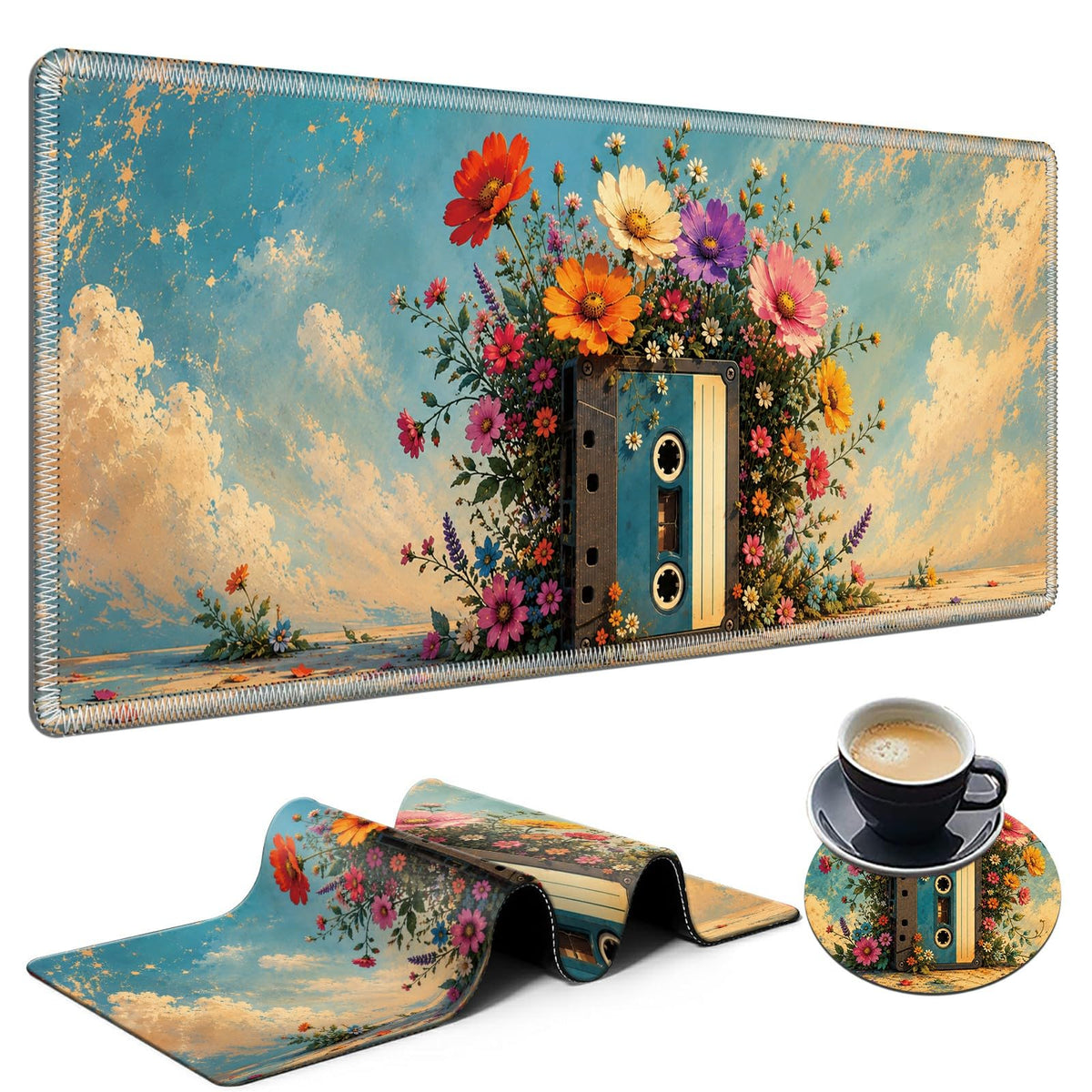 Floral Cassette Bloom Large Mouse Pad, 31.5 x 11.8 in Extended Desk Mat