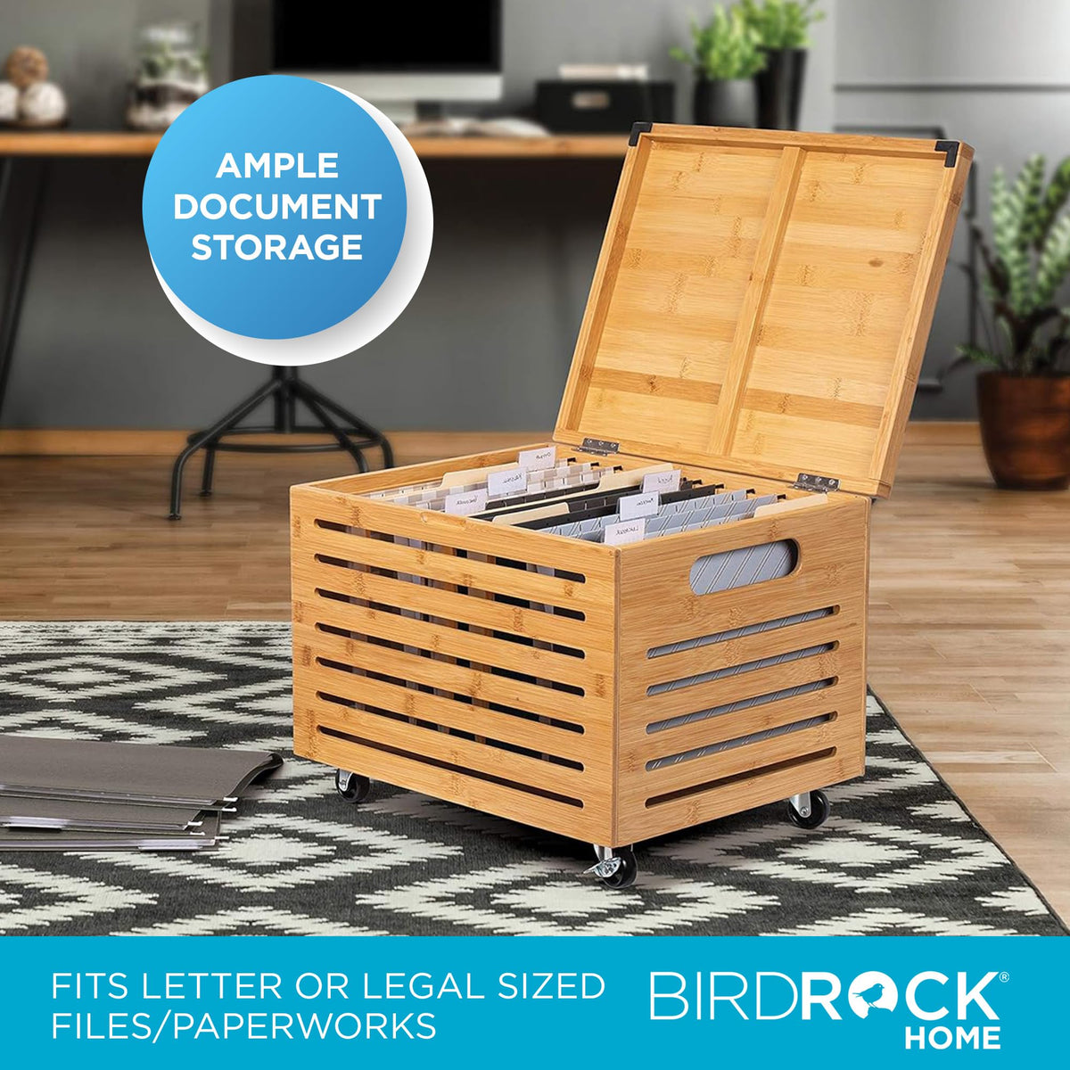 BIRDROCK HOME Bamboo Rolling File Storage Organizer Box with Lid - Decorative File Cabinet on