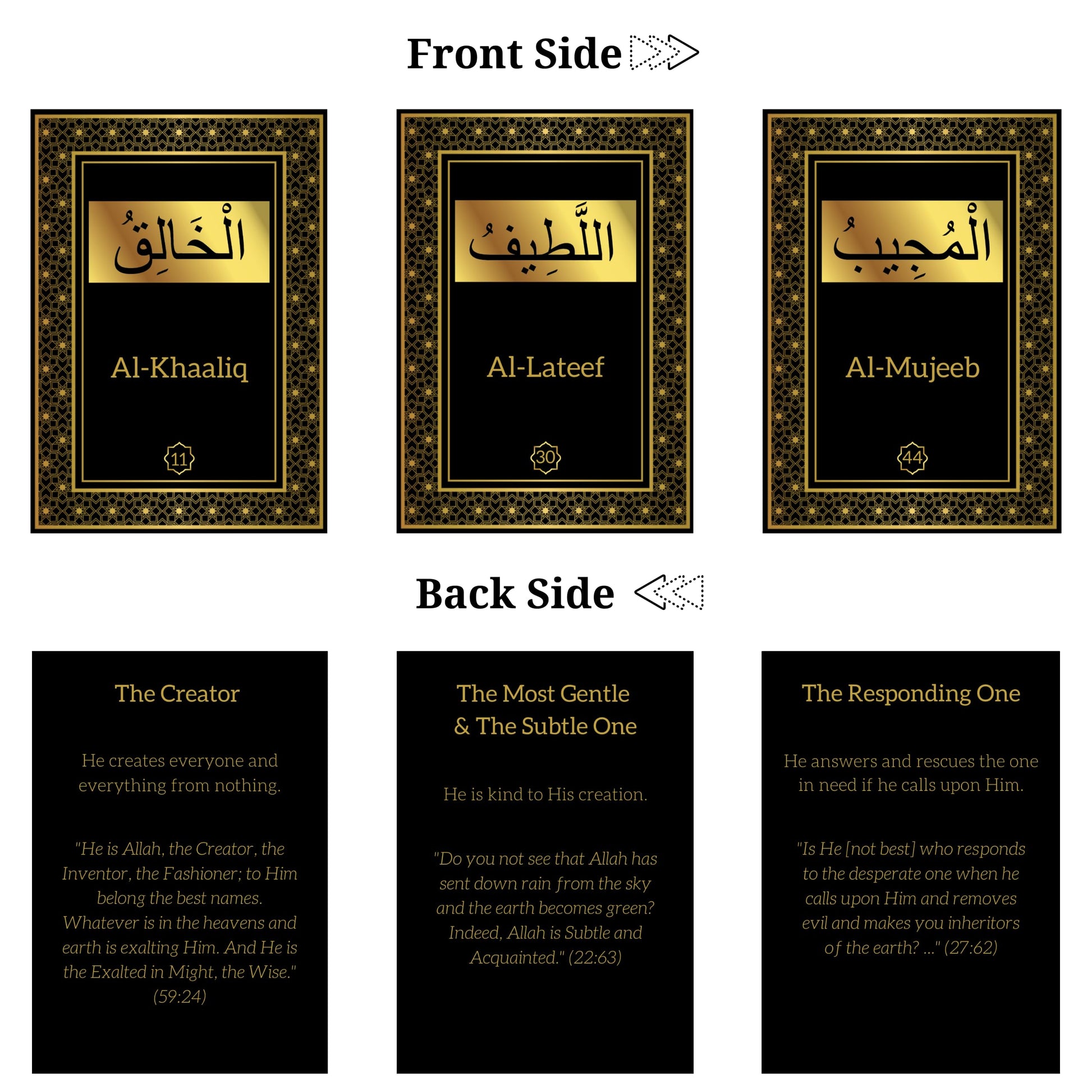 99 Names of Allah Flashcards with Quran Verses, Asma Ul Husna Cards in Arabic and English, Islamic