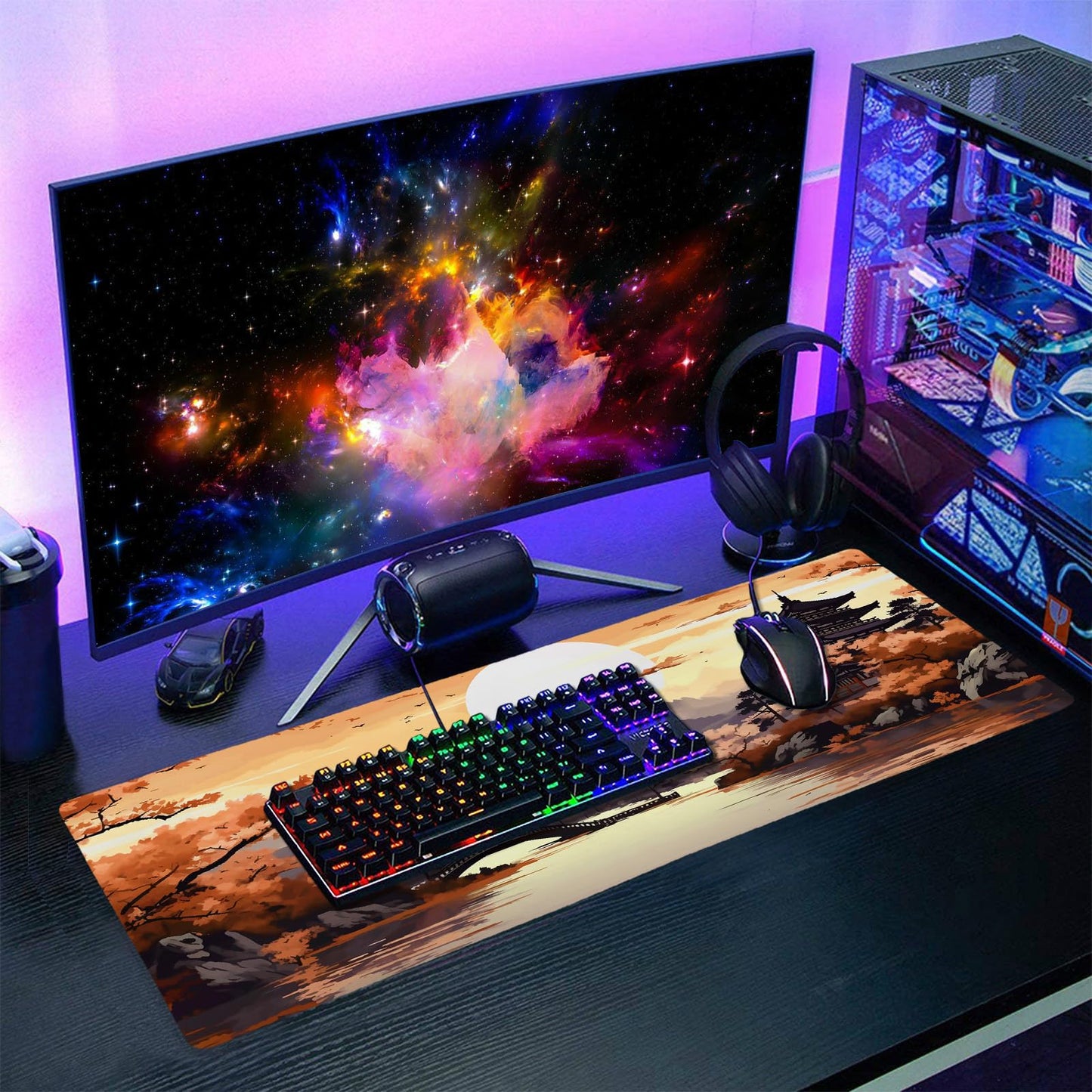 Orange Japanese Sakura Gaming Mouse Pad XL Yellow Cherry Blossom Mountain Aesthetic Large Desk Mat