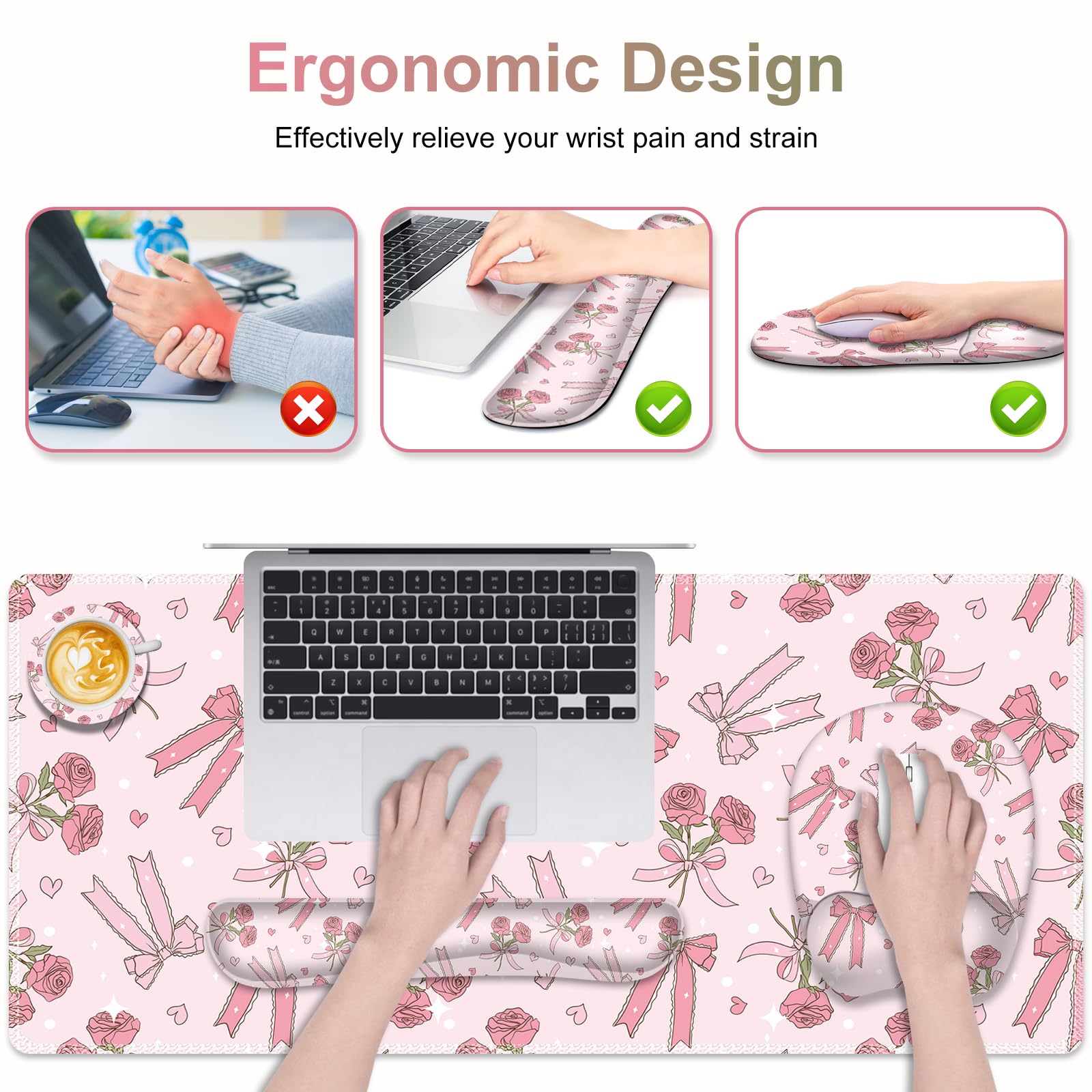 Pink Mouse Pad with Wrist Support 4 in1 Set, XXL Big Game Mousepad + Keyboard Wrist Rest + Mouse
