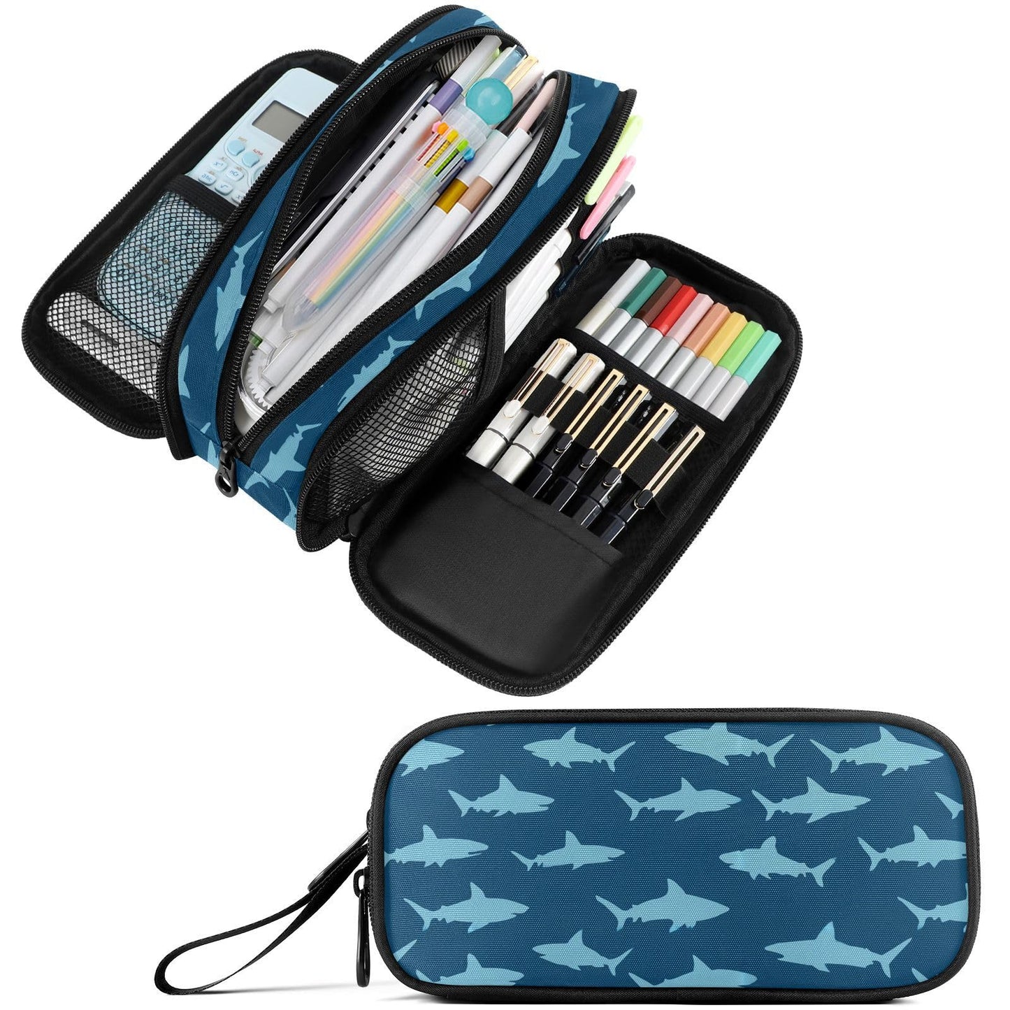 Fustylead Sharks Large Pencil Case Portable Stationery Bag Cosmetics Bag with Handle for School
