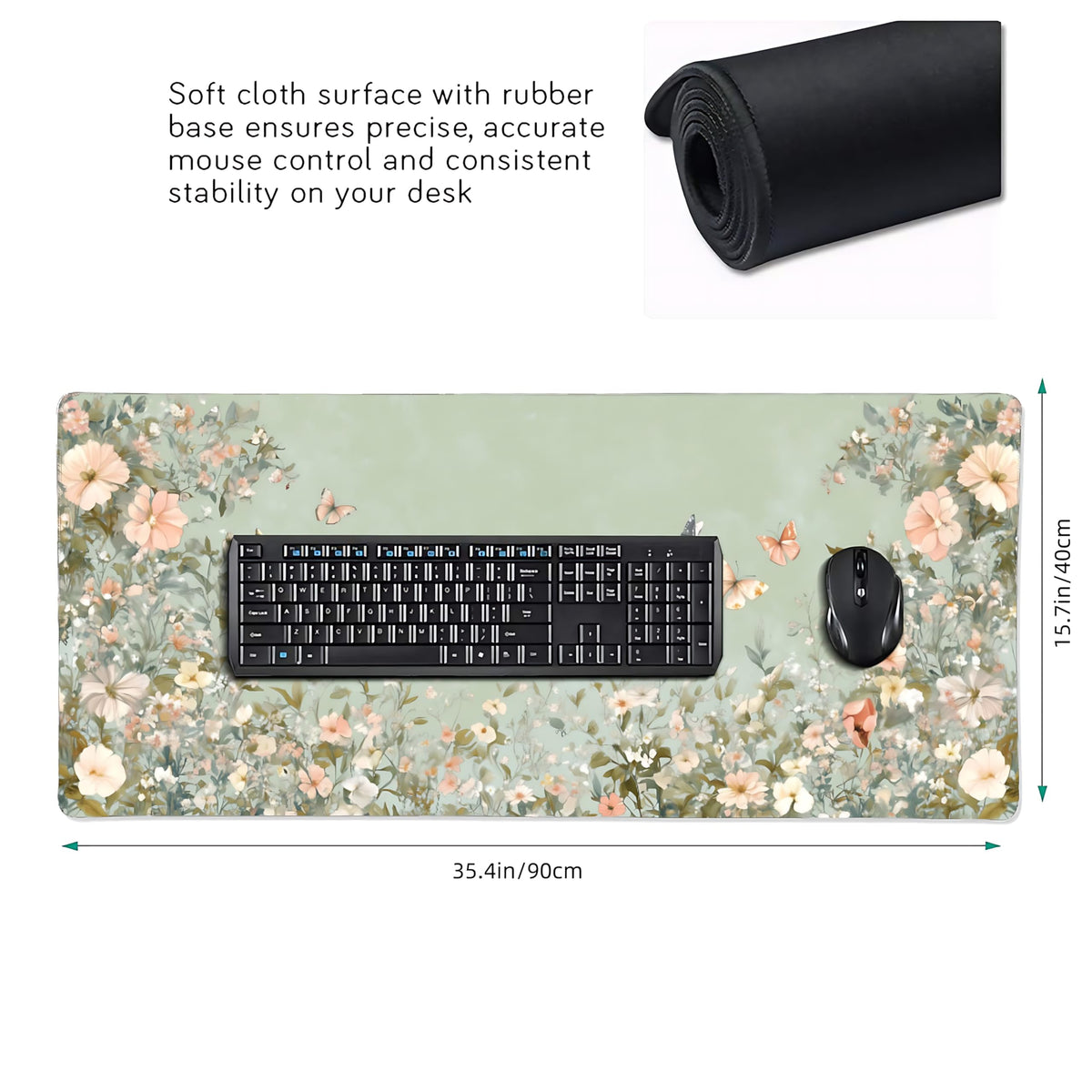 Cute Floral Aesthetic Wildflower Gaming Mouse Pad, Sage Green Macaron Desk Mat with Anti-Slip Base
