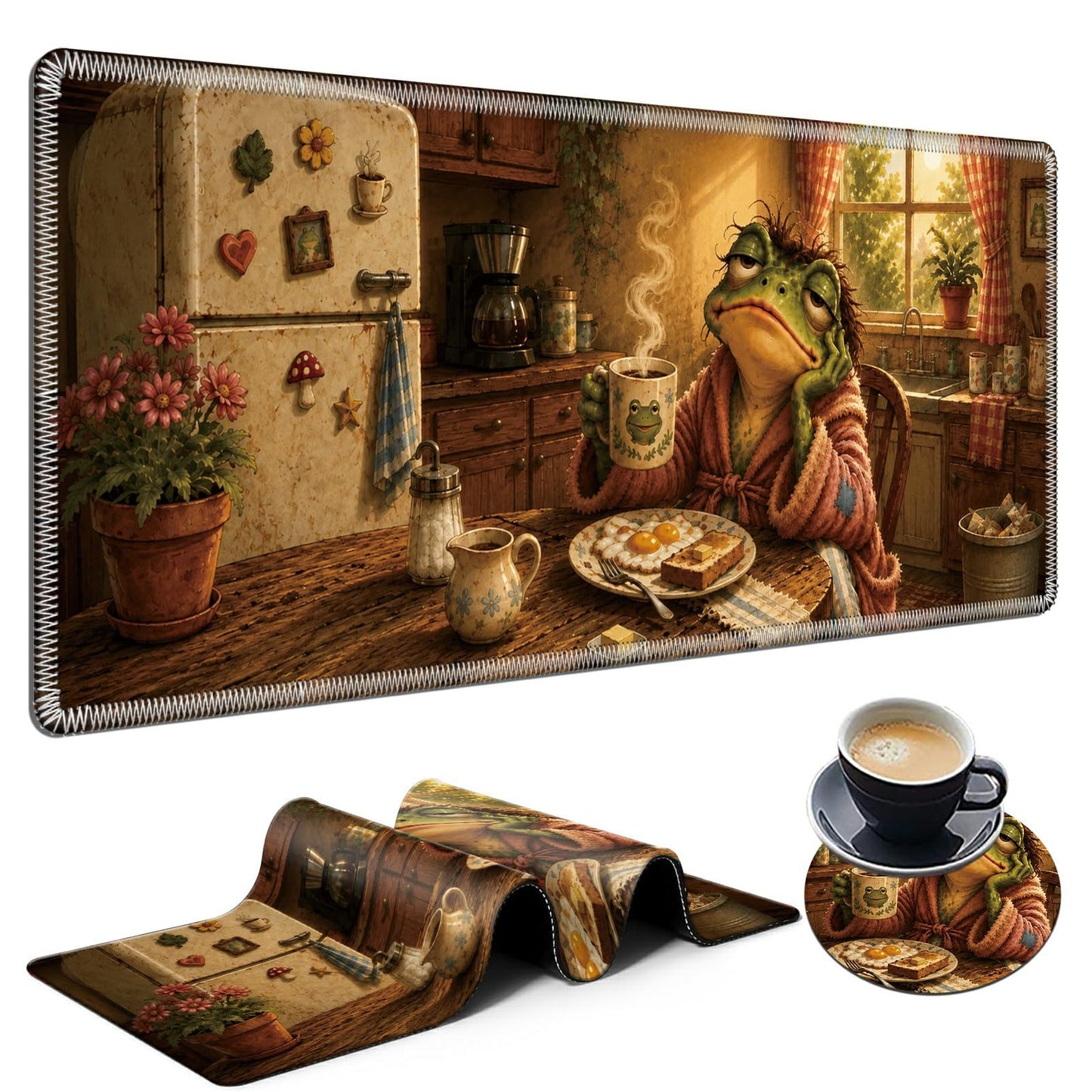Cozy Kitchen Frog Large Mouse Pad, 31.5 x 11.8 in Extended Desk Mat