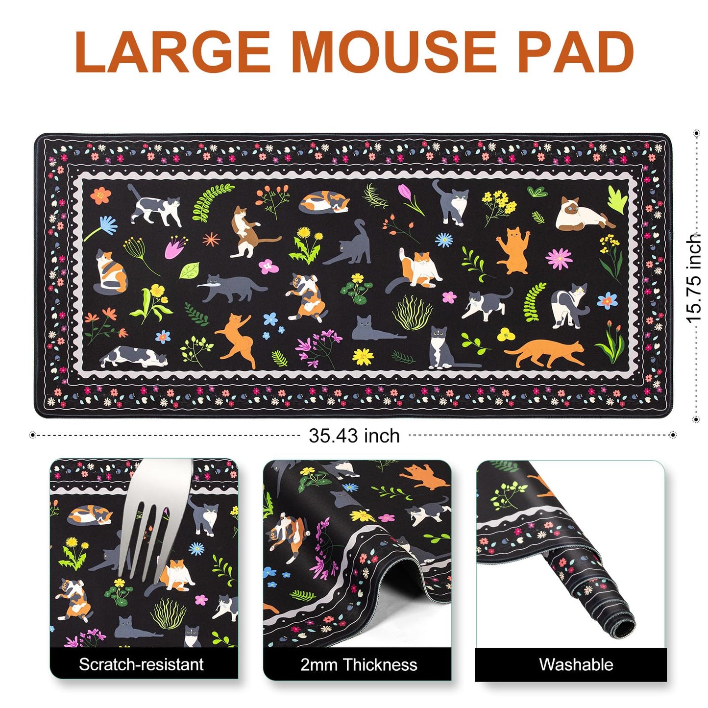 L-SPOUTTO Cute Cat Desk Mat for Keyboard and Mouse,Black XXL Mouse Pad