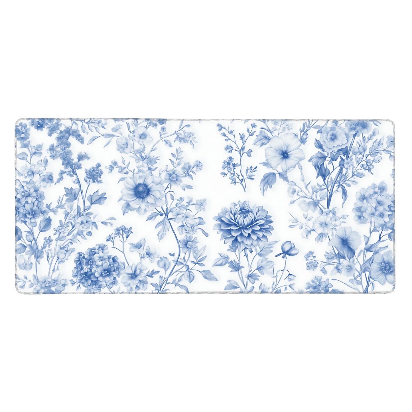 Floral Aesthetic Dahlia Gaming Mouse Pad, White Blue Chinoiserie Desk Mat with Anti-Slip Base &