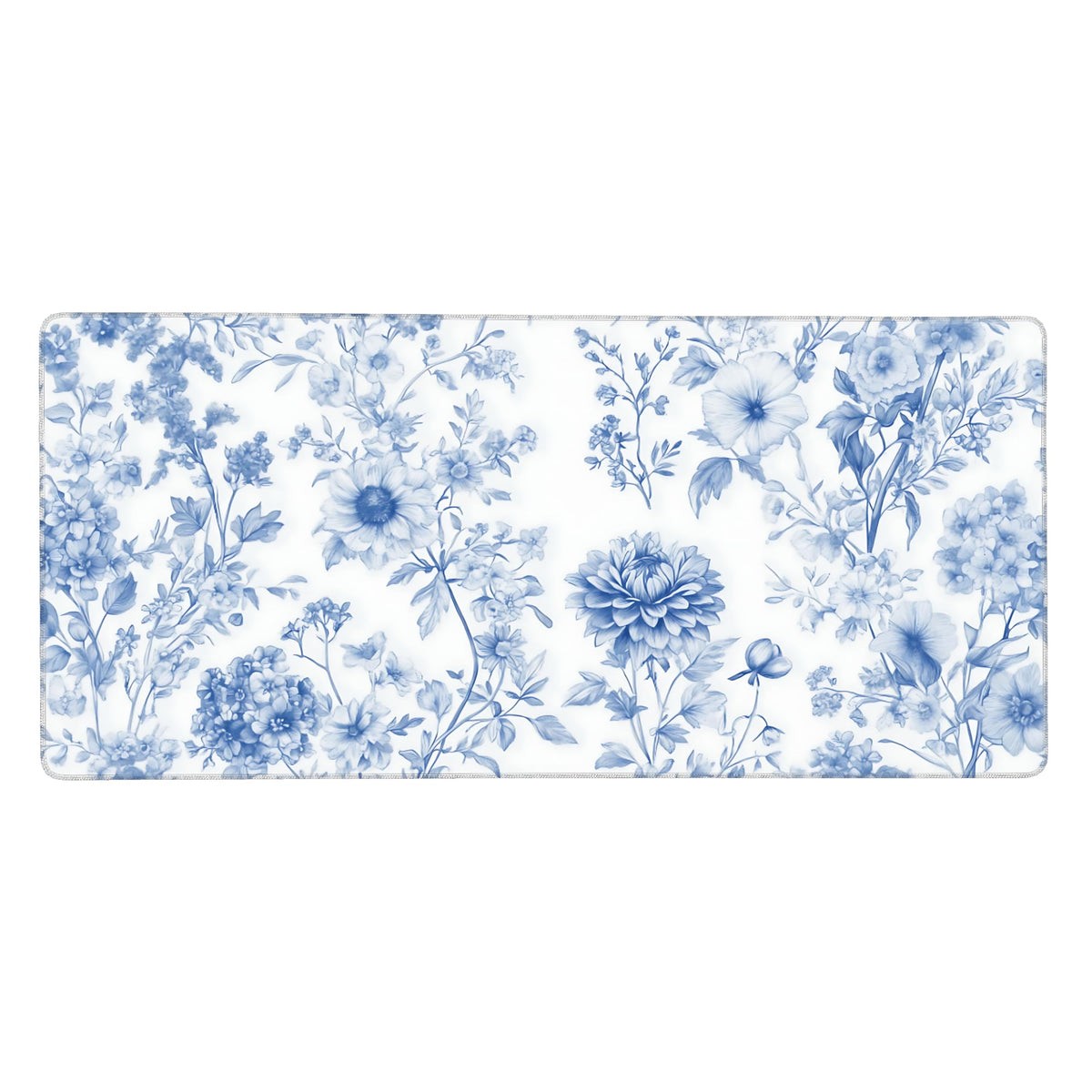 Floral Aesthetic Dahlia Gaming Mouse Pad, White Blue Chinoiserie Desk Mat with Anti-Slip Base &