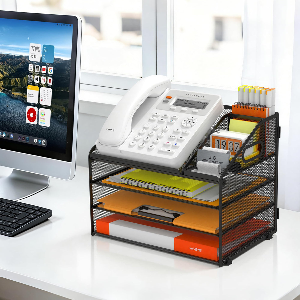 DocNest 4 Tier Metal Mesh Desk File Organizer with Phone Shelf, Black