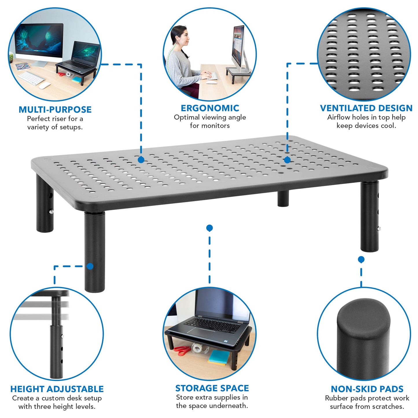 Mount-It! Height Adjustable Single Monitor Riser | Metal Mesh Computer Screen Platform | Desktop