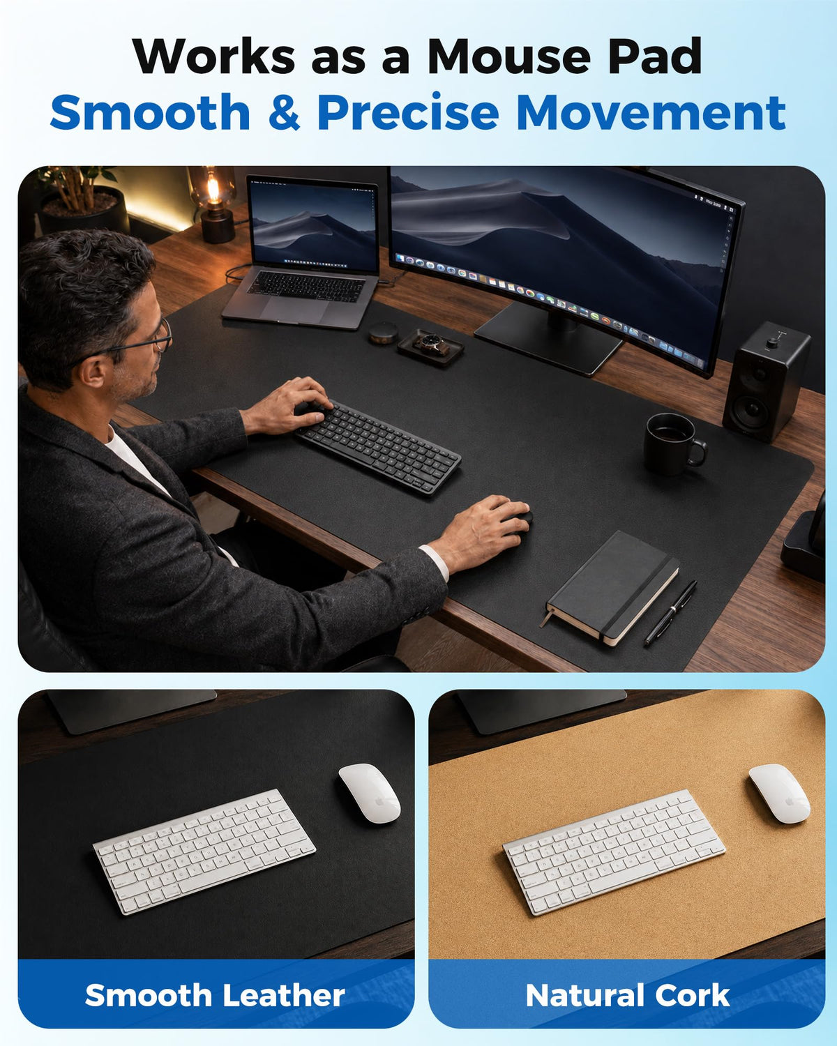 Aothia Dual-Sided Desk Pad - 37.8x17 inches Leather Desk Mat, Natural Cork Desk Pad Protector