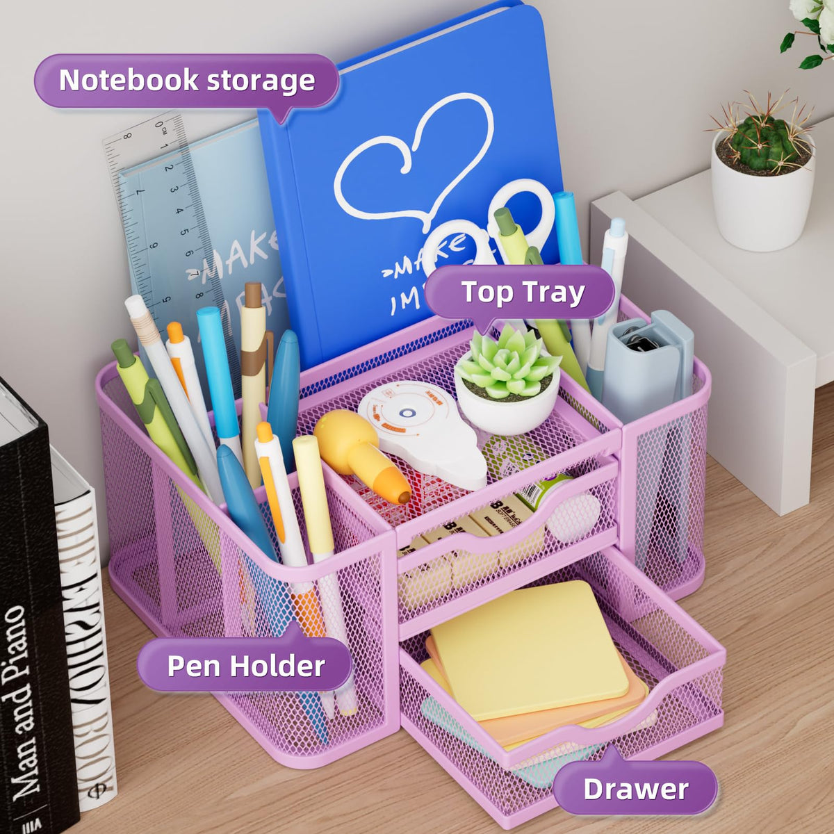 Marbrasse Mesh Desk Organizer, Pen Holder with 2 Drawer, Multi-Functional Pencil Holder, Desk