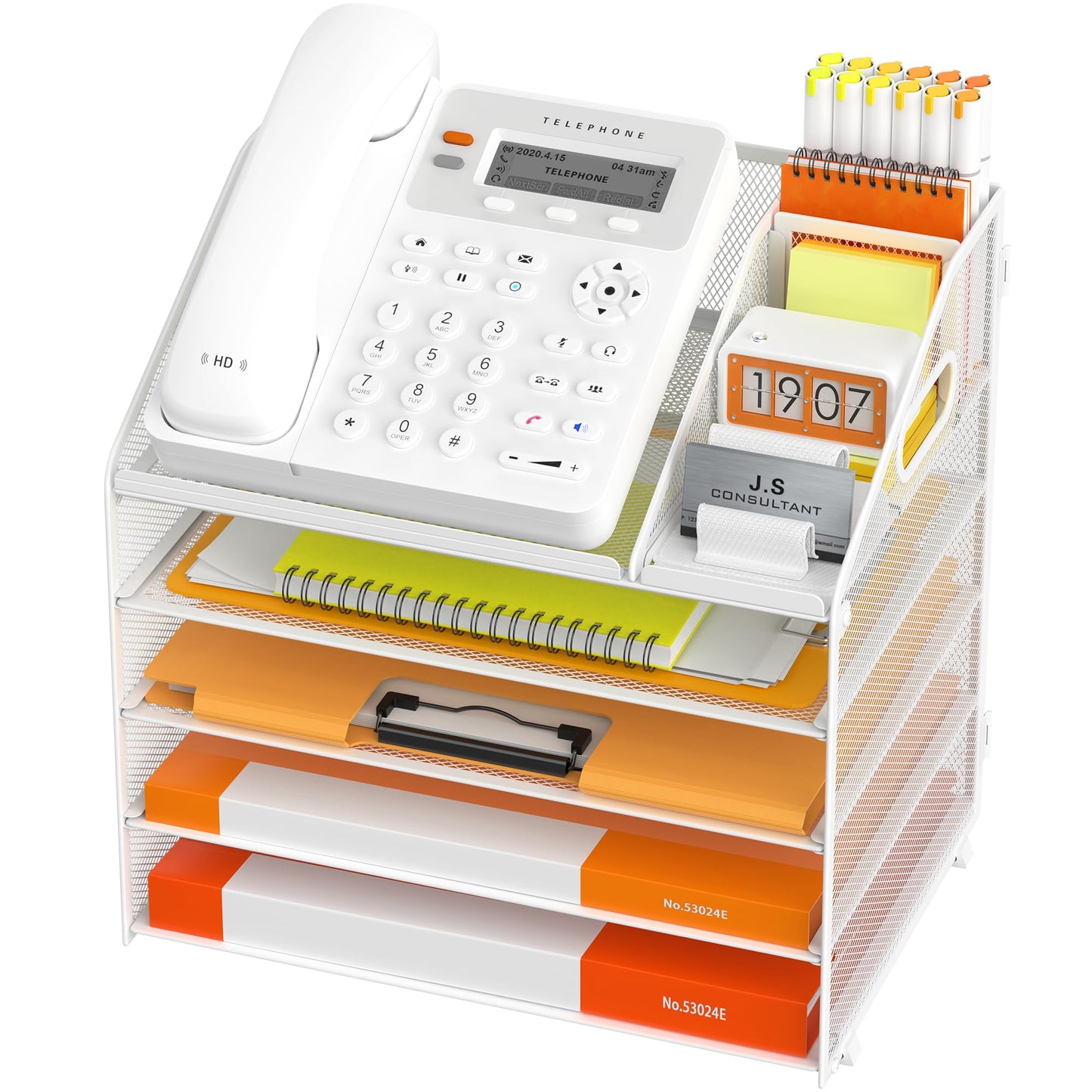 DocNest 5 Tier Metal Mesh Desk File Organizer with Phone Shelf, White