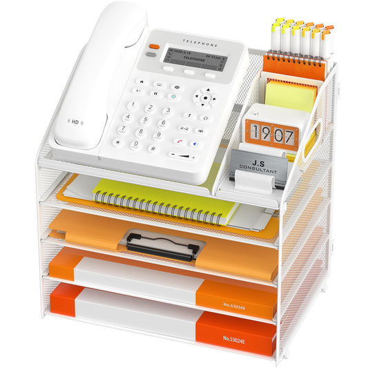 DocNest 5 Tier Metal Mesh Desk File Organizer with Phone Shelf, White