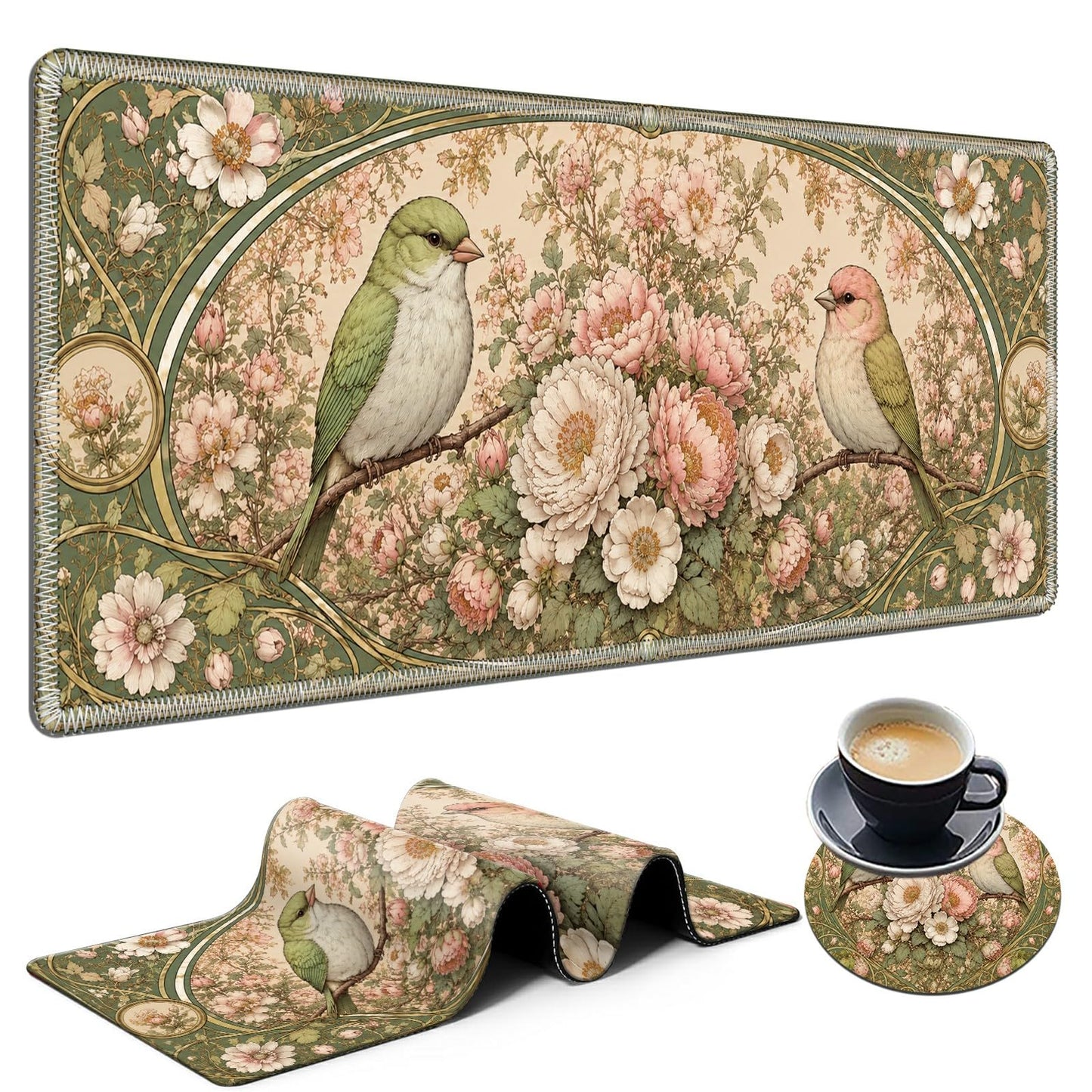 Vintage Floral Birds Large Mouse Pad, 31.5 x 11.8 in Extended Desk Mat