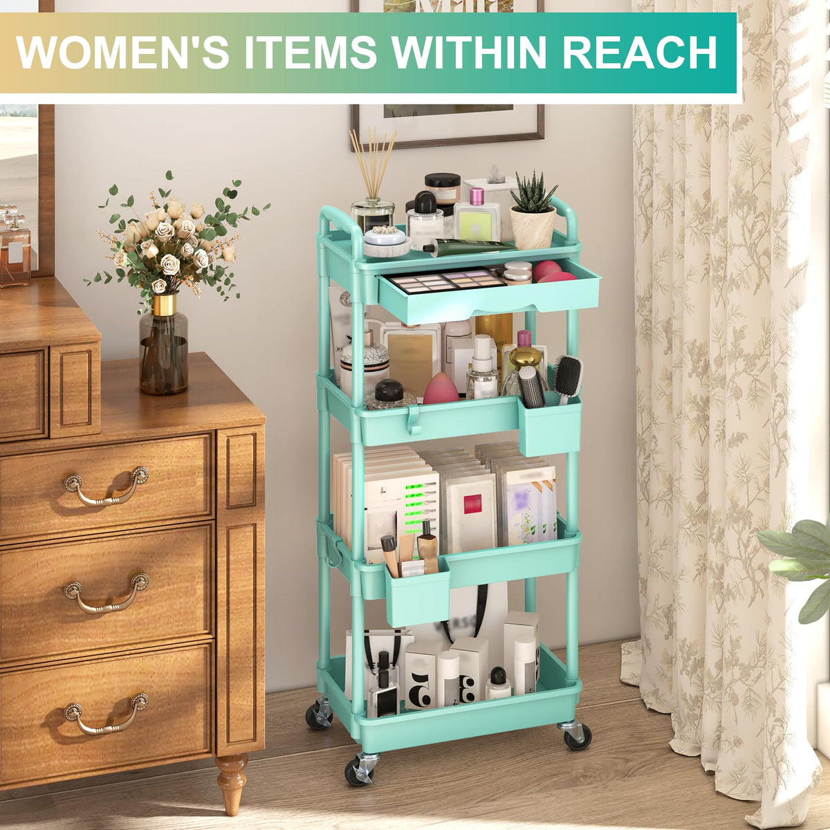 Goovilla 4 Tier Rolling Utility Cart Organizer with Removable Drawer, Blue