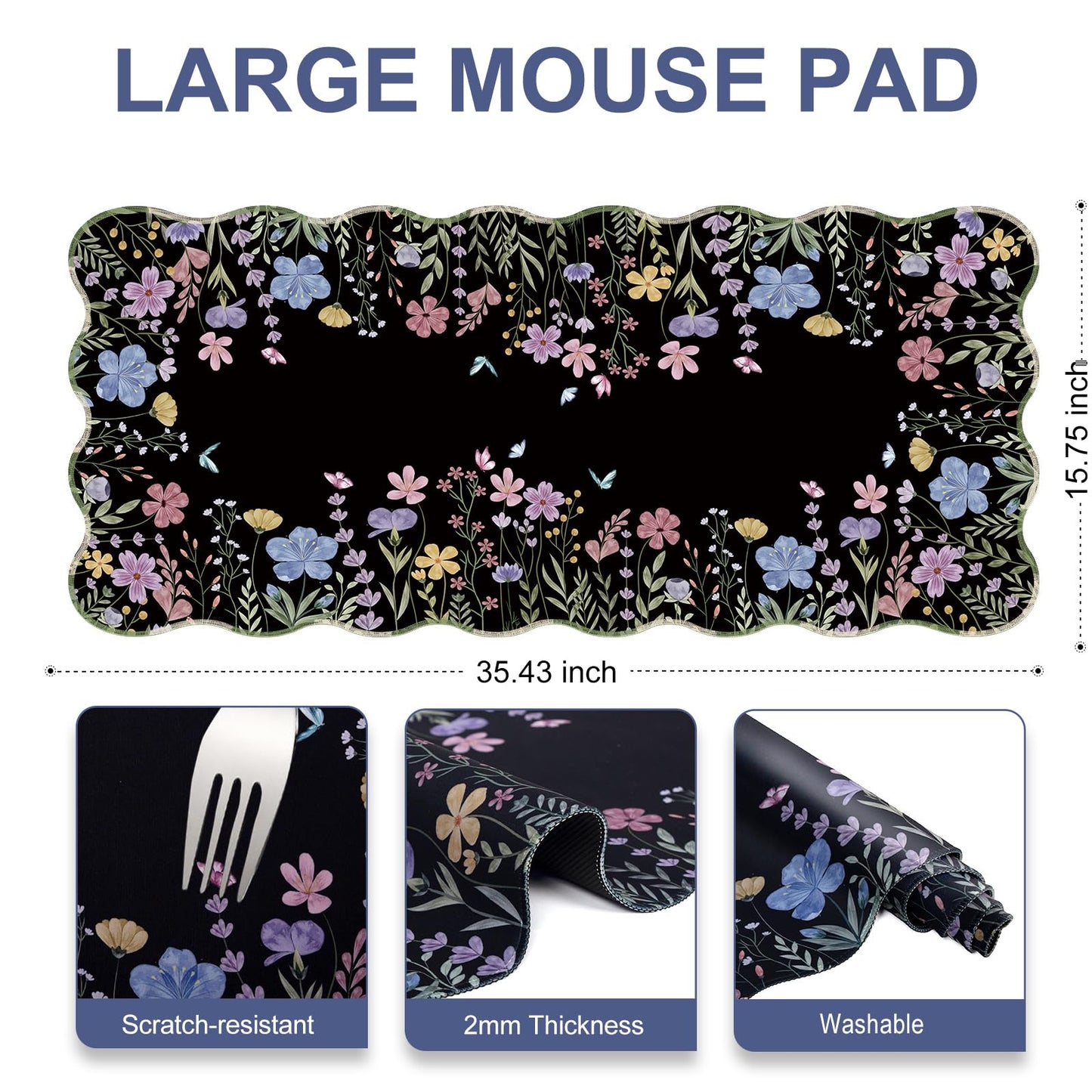 L-SPOUTTO Black Floral Mouse Pad,Scalloped Desk Mat XXL Gaming Mousepad