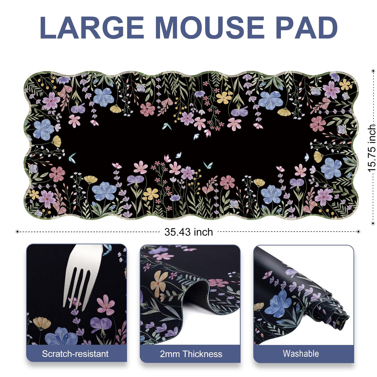 L-SPOUTTO Black Floral Mouse Pad,Scalloped Desk Mat XXL Gaming Mousepad