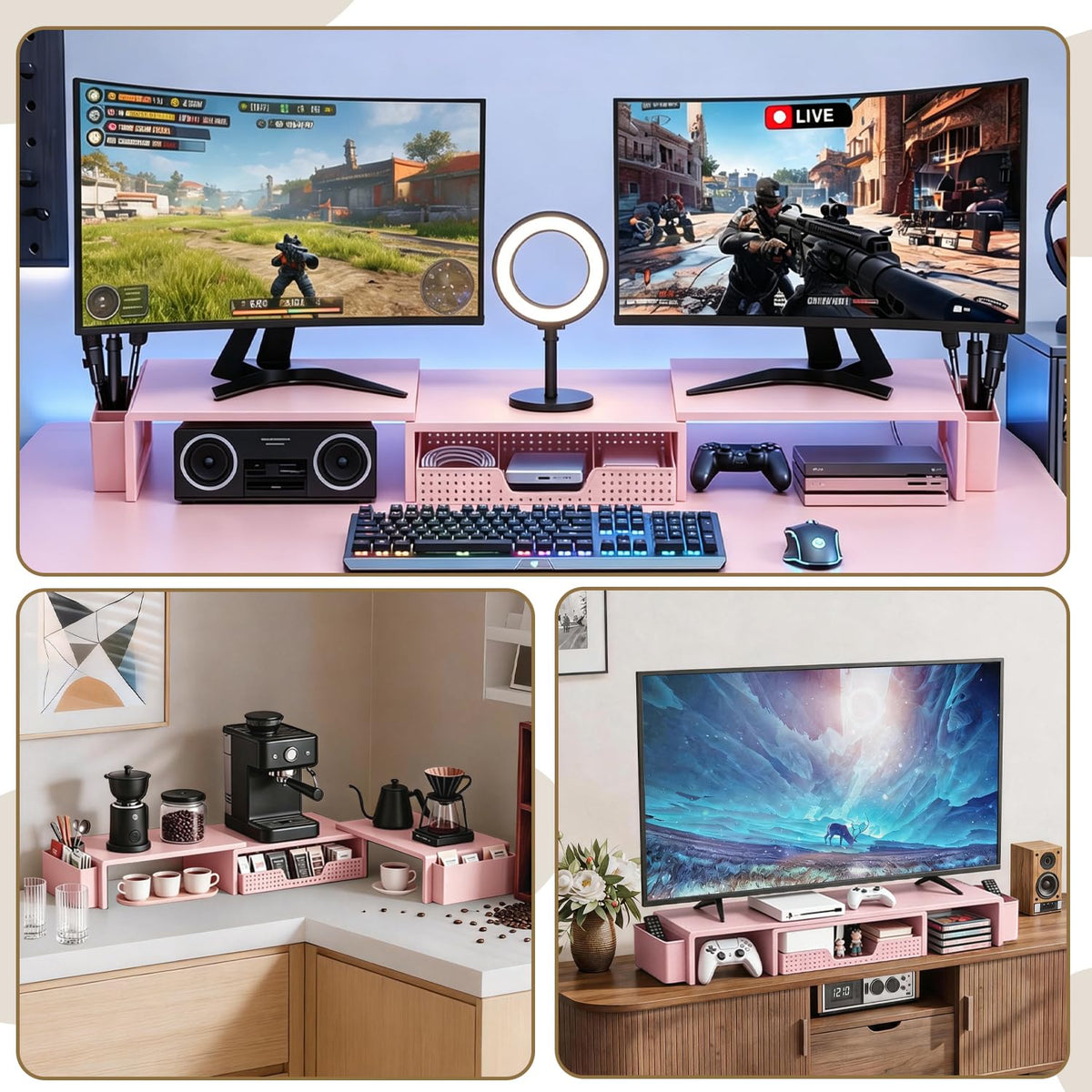 LEKETREE Dual Monitor Stand Riser with Drawer and 2 Pen Holders, Pink