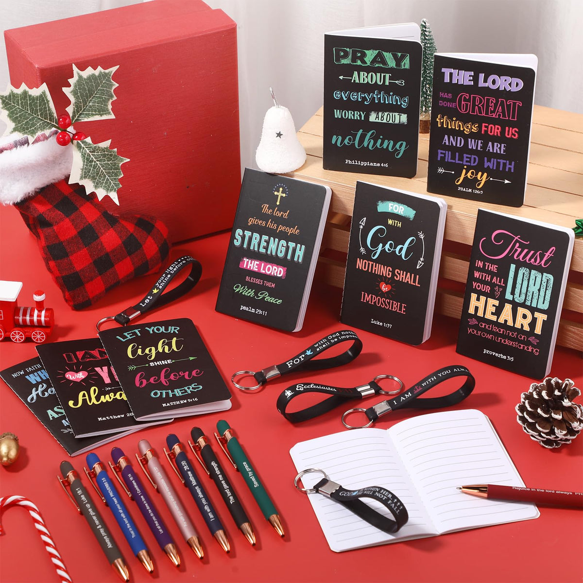 PerKoop 48 Pcs Inspirational Pens Notepads Bulk Set Keychains, Bible