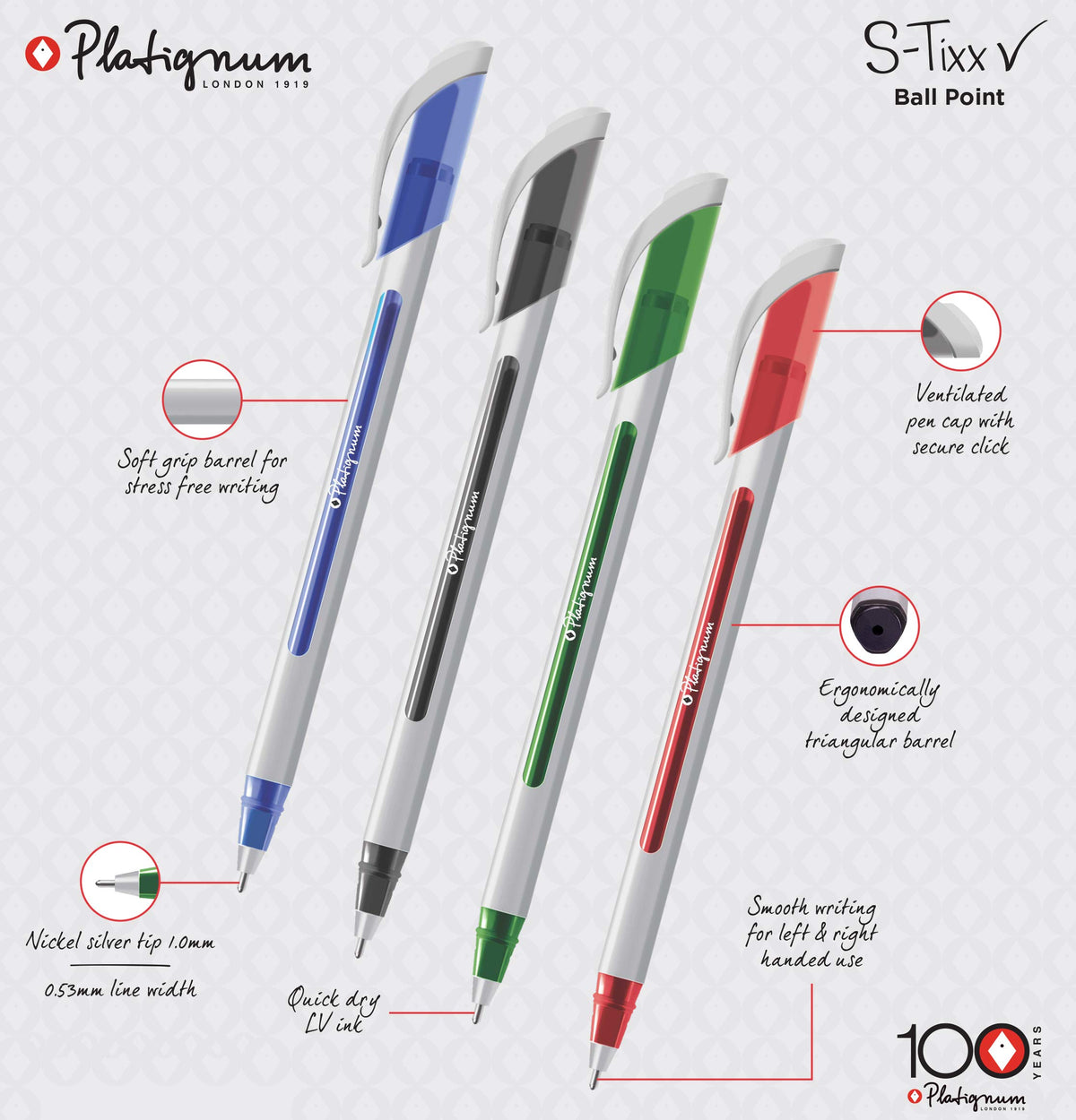 Platignum S-Tixx Black Ballpoint Pen [Pack of 50] Soft Grip Barrel with LV Ink for Smudge-Free and