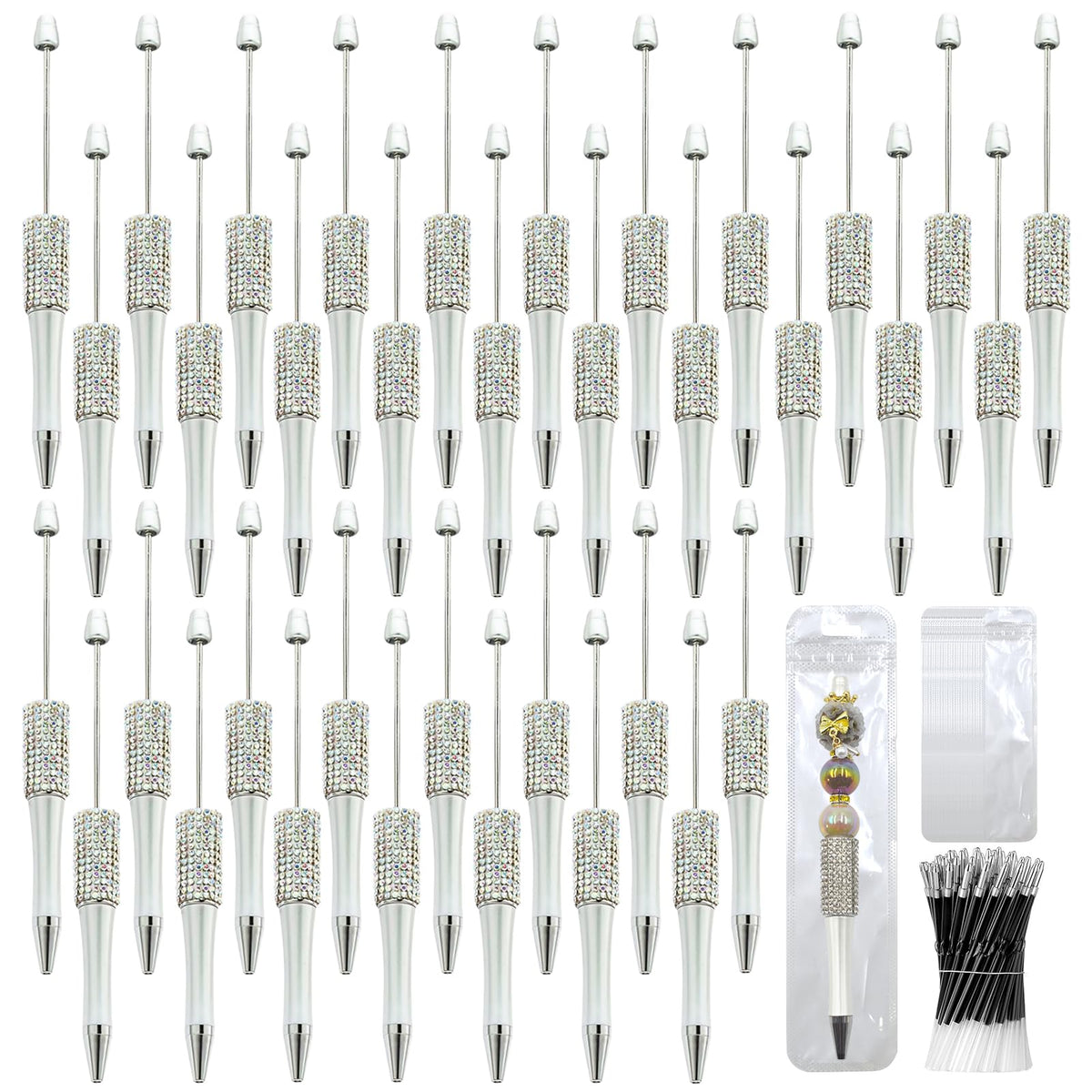DASTTUIS 150 Pcs DIY Diamond Beadable Pen Kit - 50 Plastic Rhinestone Beaded Pens Bulk with Refills