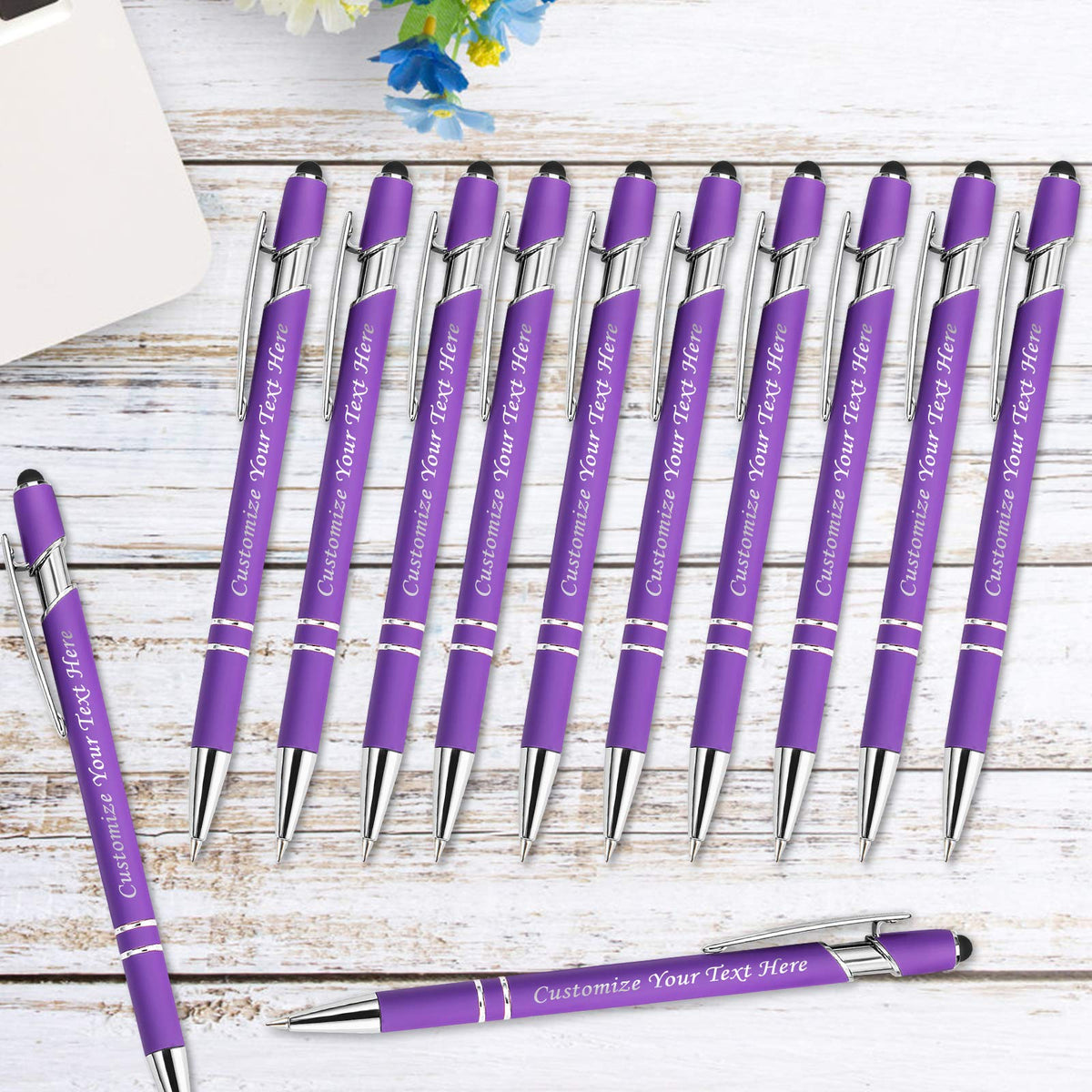 Personalized Pens with Stylus Tip, Custom Engraving Pens 12PCS, Soft Touch Ballpoint Pen, Printed