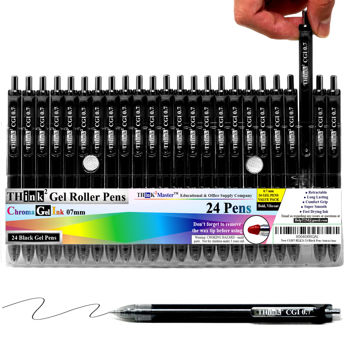 [24 Pens - Black Ink] Think2 0.7mm CGI Retractable Gel Pens. (24 Black) Medium Point Rollerball
