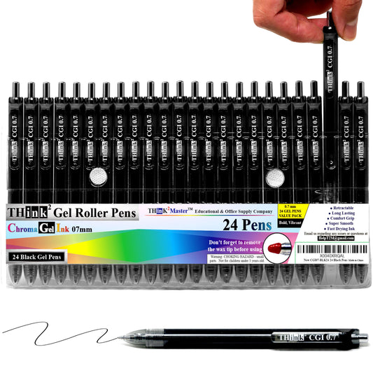 [24 Pens - Black Ink] Think2 0.7mm CGI Retractable Gel Pens. (24 Black) Medium Point Rollerball