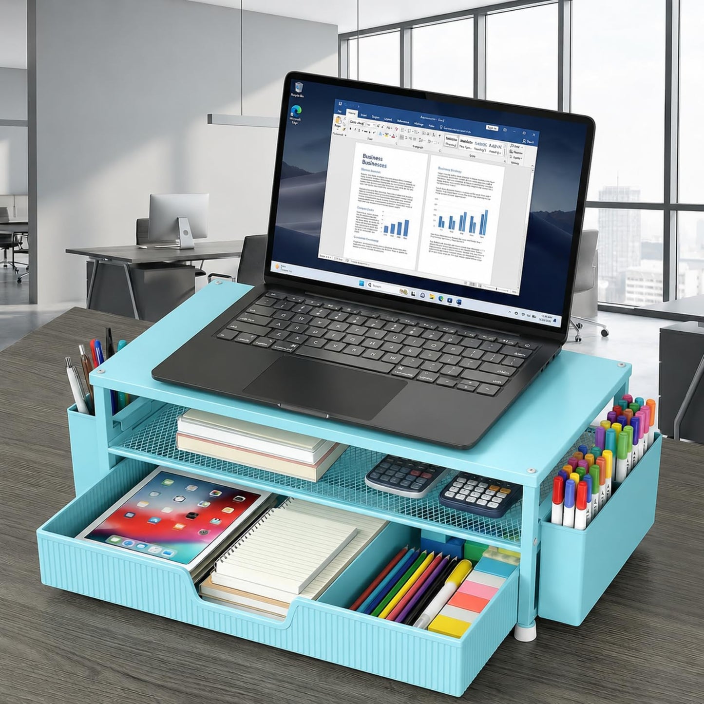 ECOLOVI Desk Organizer and Accessories, 2-Tier Computer Monitor Stand Rise with Storage Drawer & 2