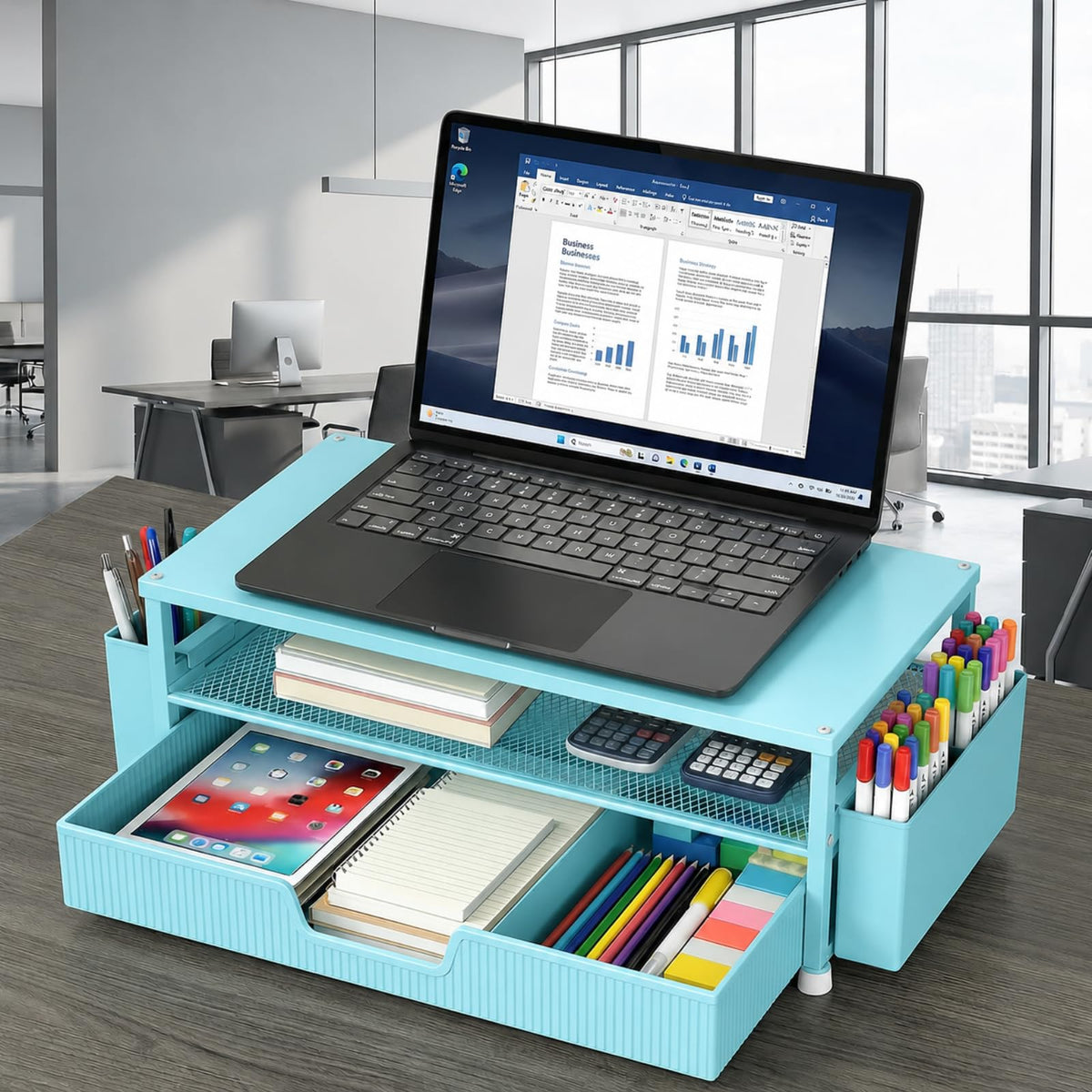 ECOLOVI Desk Organizer and Accessories, 2-Tier Computer Monitor Stand Rise with Storage Drawer & 2