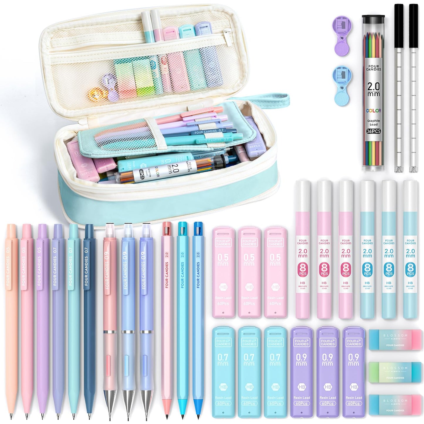 Four Candies 36PCS Mechanical Pencil Set with 624 Lead Refills (Blue)