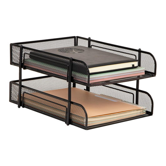 Mind Reader Stackable Paper Tray, Desktop Organizer, File Storage, Office, Metal Mesh, 2 Pcs, Black