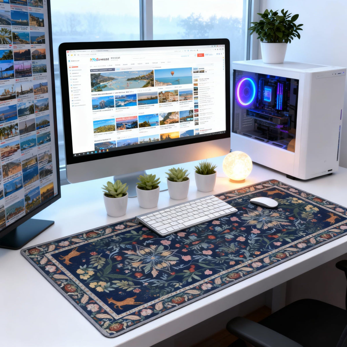 Large Floral Mouse Pad for Women, Navy Blue XXL Desk Mat with Anti-Slip & Stitched Edges, Aesthetic