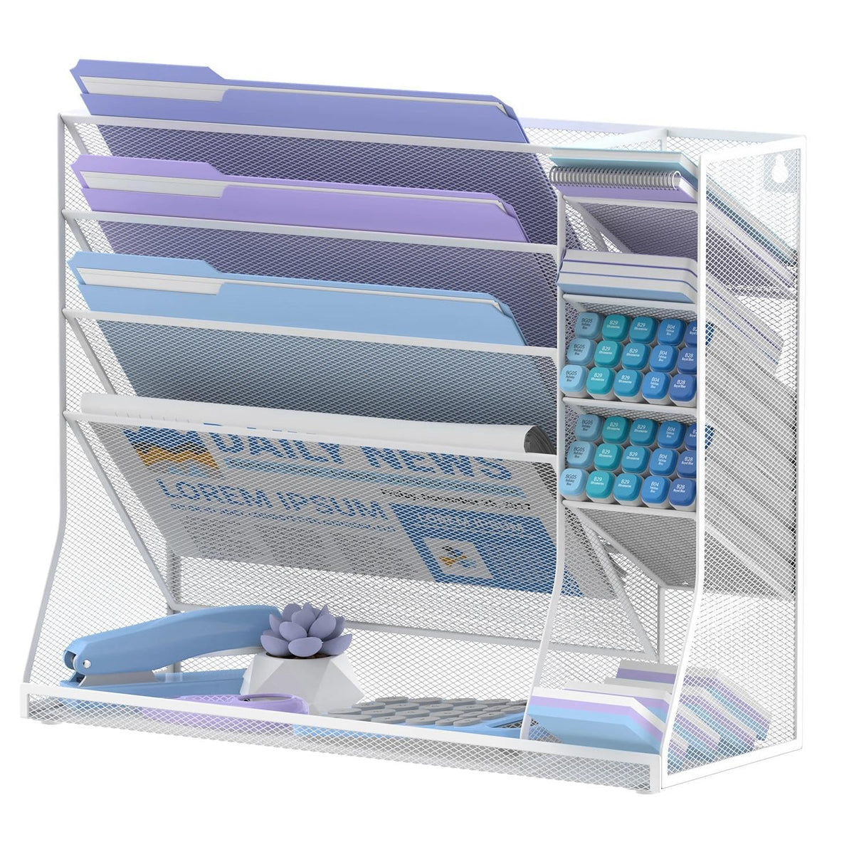 5-Tier Wall File Organizer and Wall File Holder with Bottom Tray, White