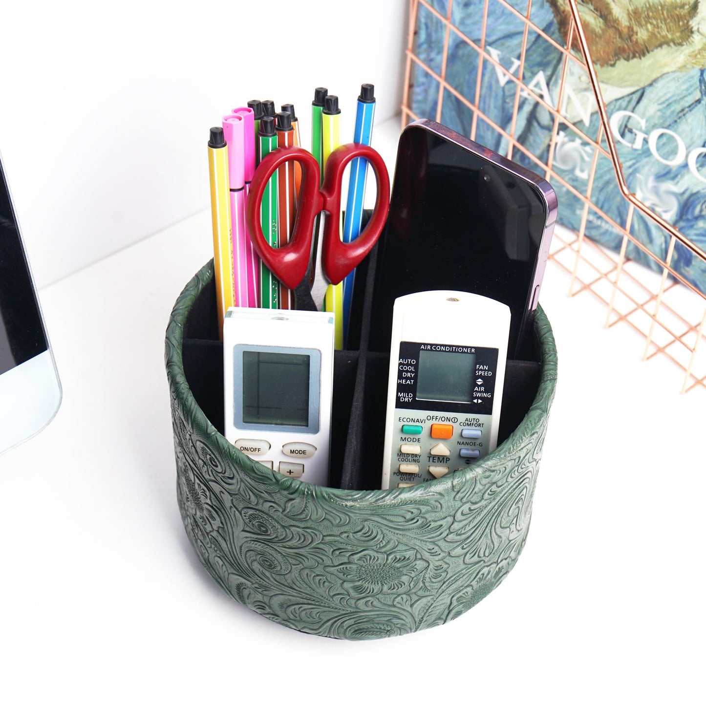lizimandu Round Leather Art Supply Organizer,Remote Control Holder,360 Degree