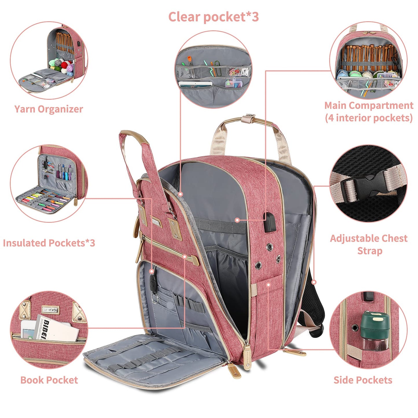 Crochet Bag, Knitting Bag Backpack and Totes Organizer with USB Charging Port, Large Yarn Storage