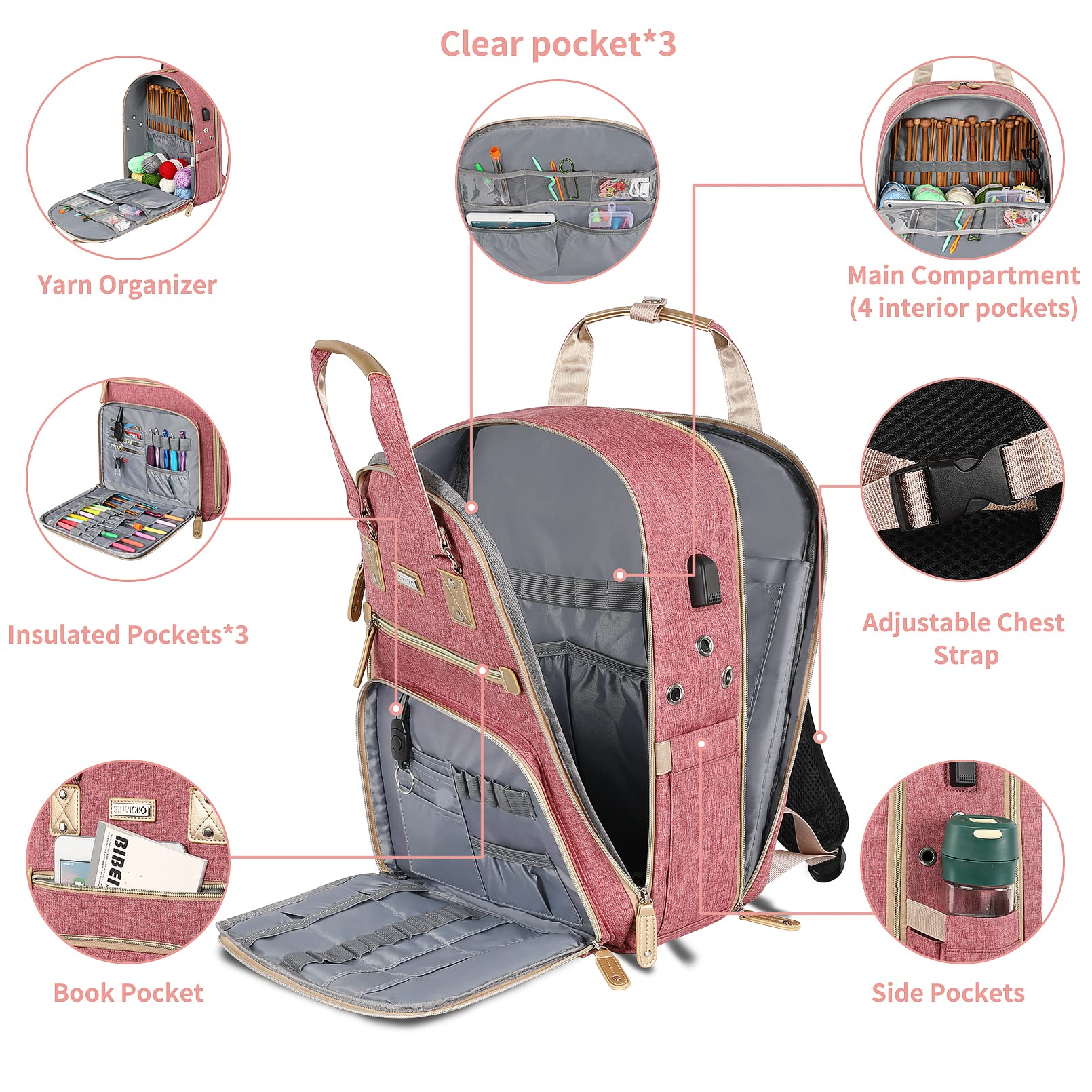 Crochet Bag, Knitting Bag Backpack and Totes Organizer with USB Charging Port, Large Yarn Storage