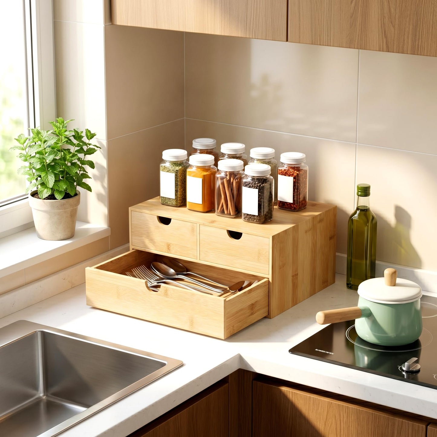 Bamboo Desk Organizer with Drawers, Desktop Storage for Office Supplies