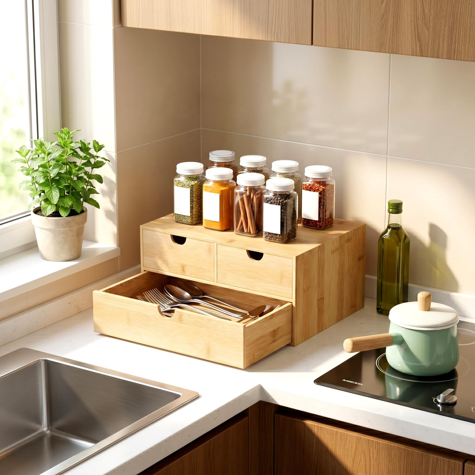 Bamboo Desk Organizer with Drawers, Desktop Storage for Office Supplies