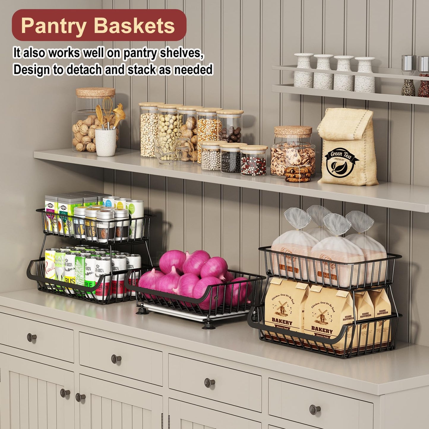 Miyawell 3-Tier Rolling Pantry Cart with Wheels, Stackable Wire Storage Floor Organizer for Kitchen